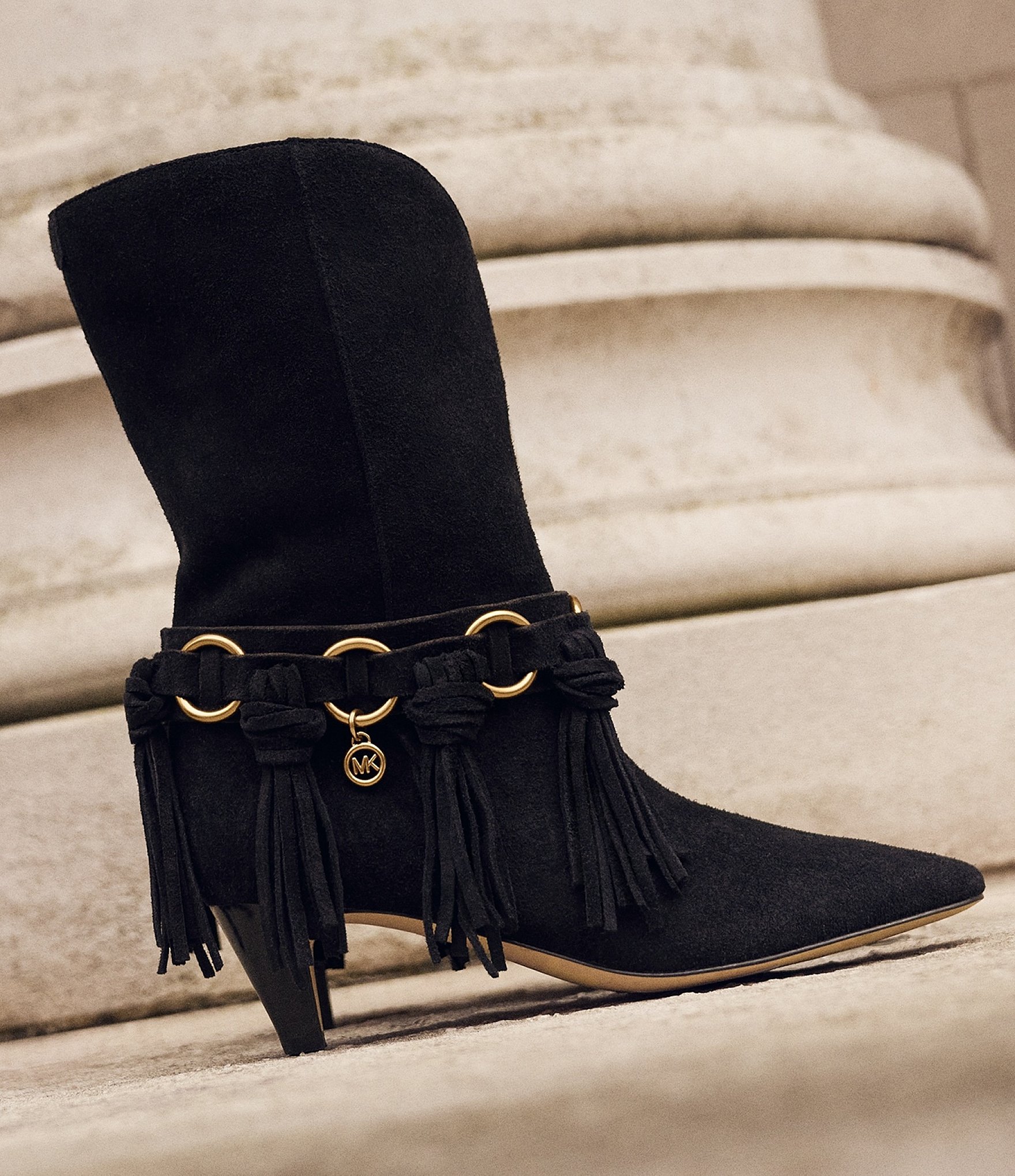 Michael Kors Daniela Fringe Suede Kitten Heel Mid Calf Boots