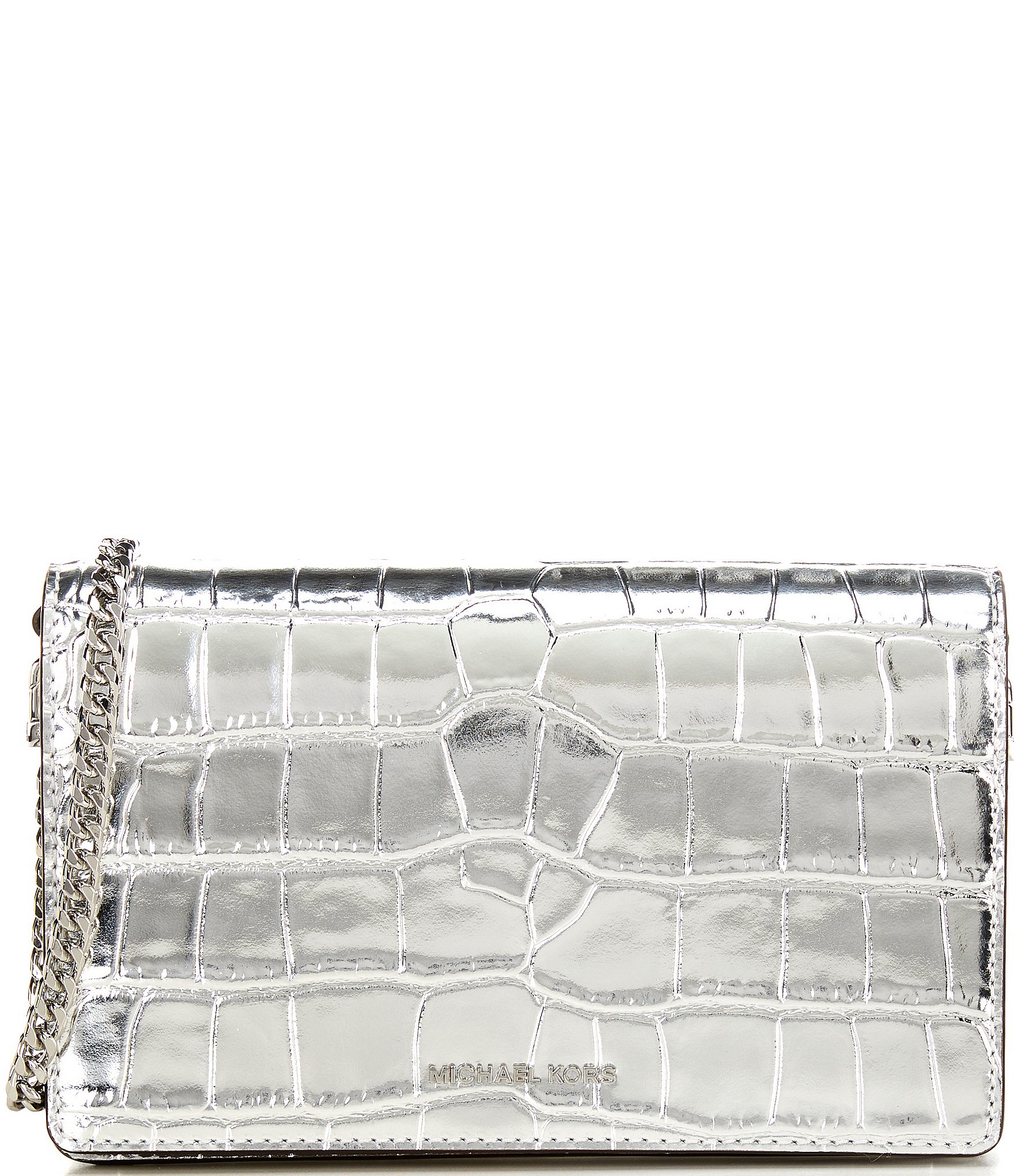 Michael Kors Jet Set Medium Silver Metallic Crocodile Embossed Leather