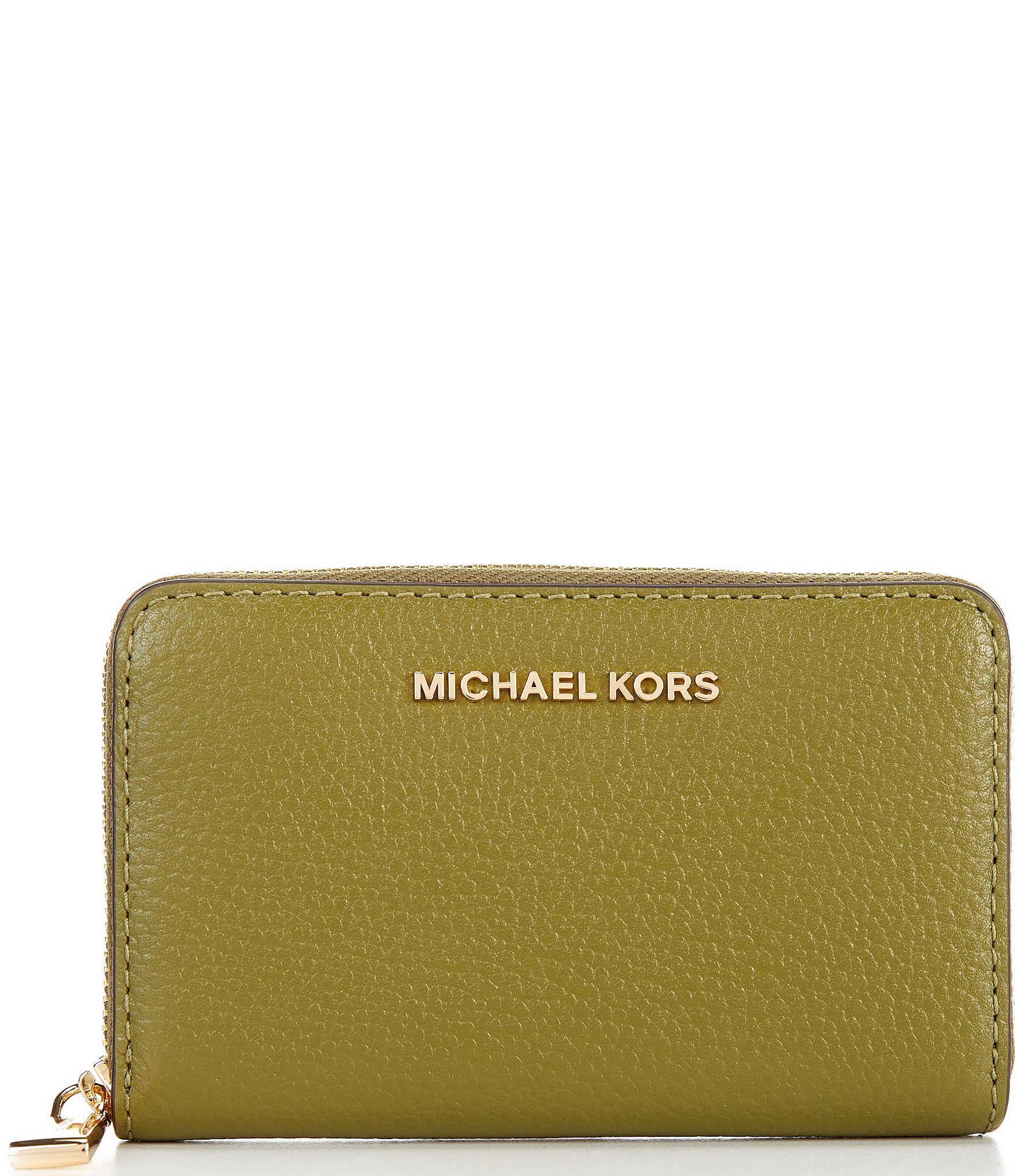 Michael Kors Jet Set Small Zip Around Gold Tone Pebble Leather Card Case Wallet