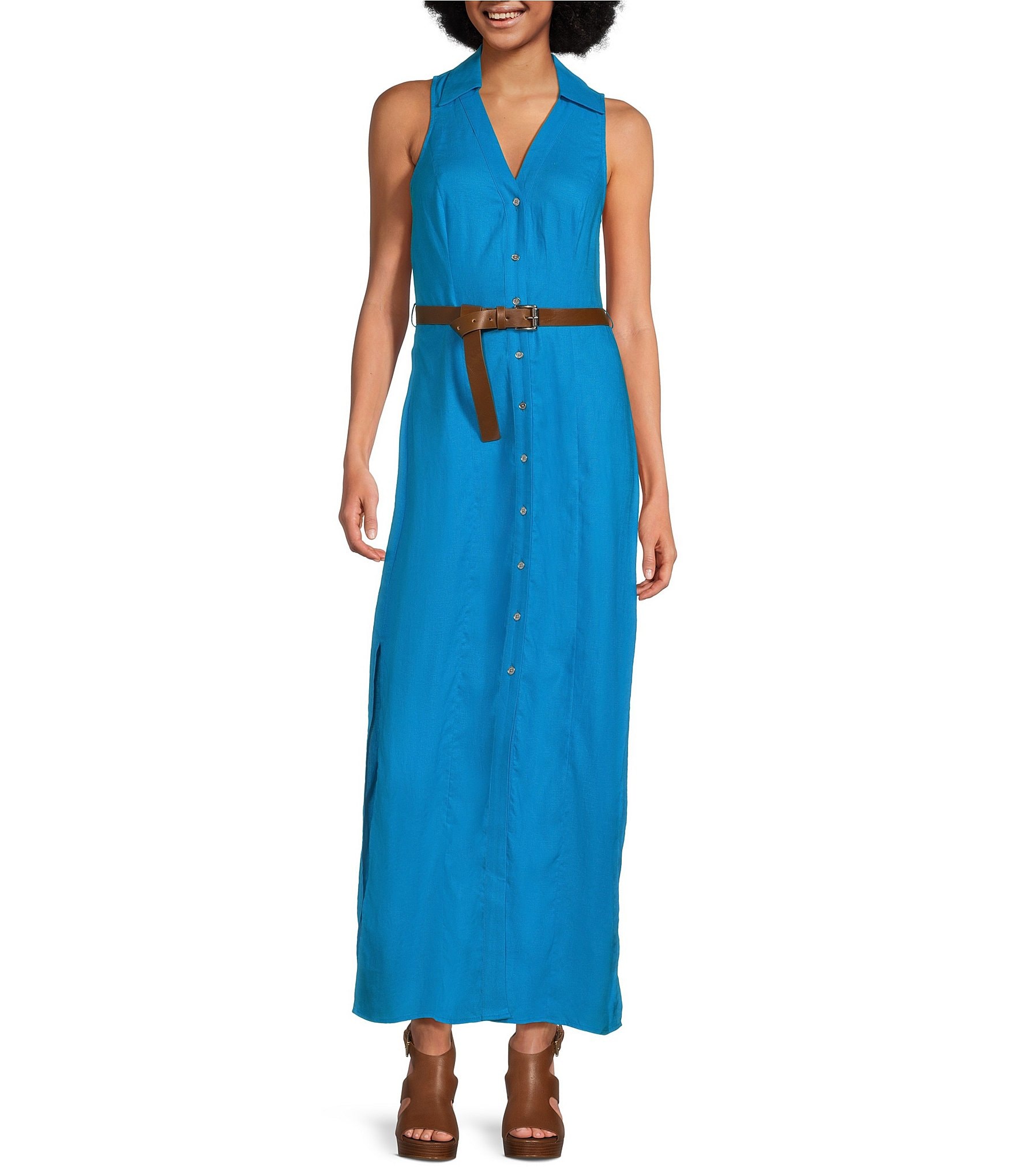 Michael Kors Linen Blend Point Collar V Neck Sleeveless Button Front Belted A Line Maxi Dress 