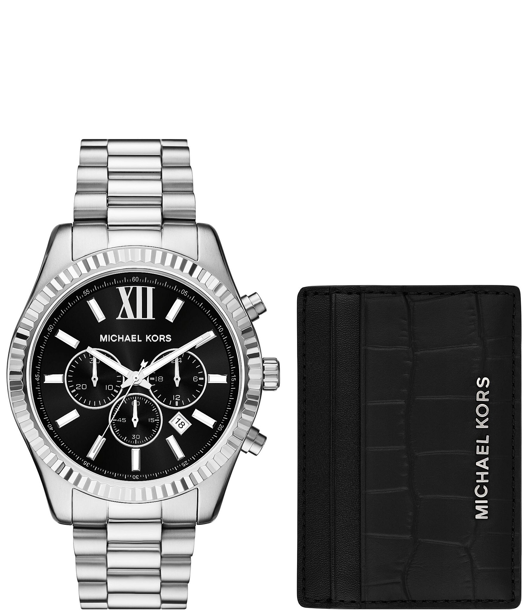 Michael Kors Men's Lexington Chronograph Stainless Steel Bracelet Watch and Card Case Gift Set