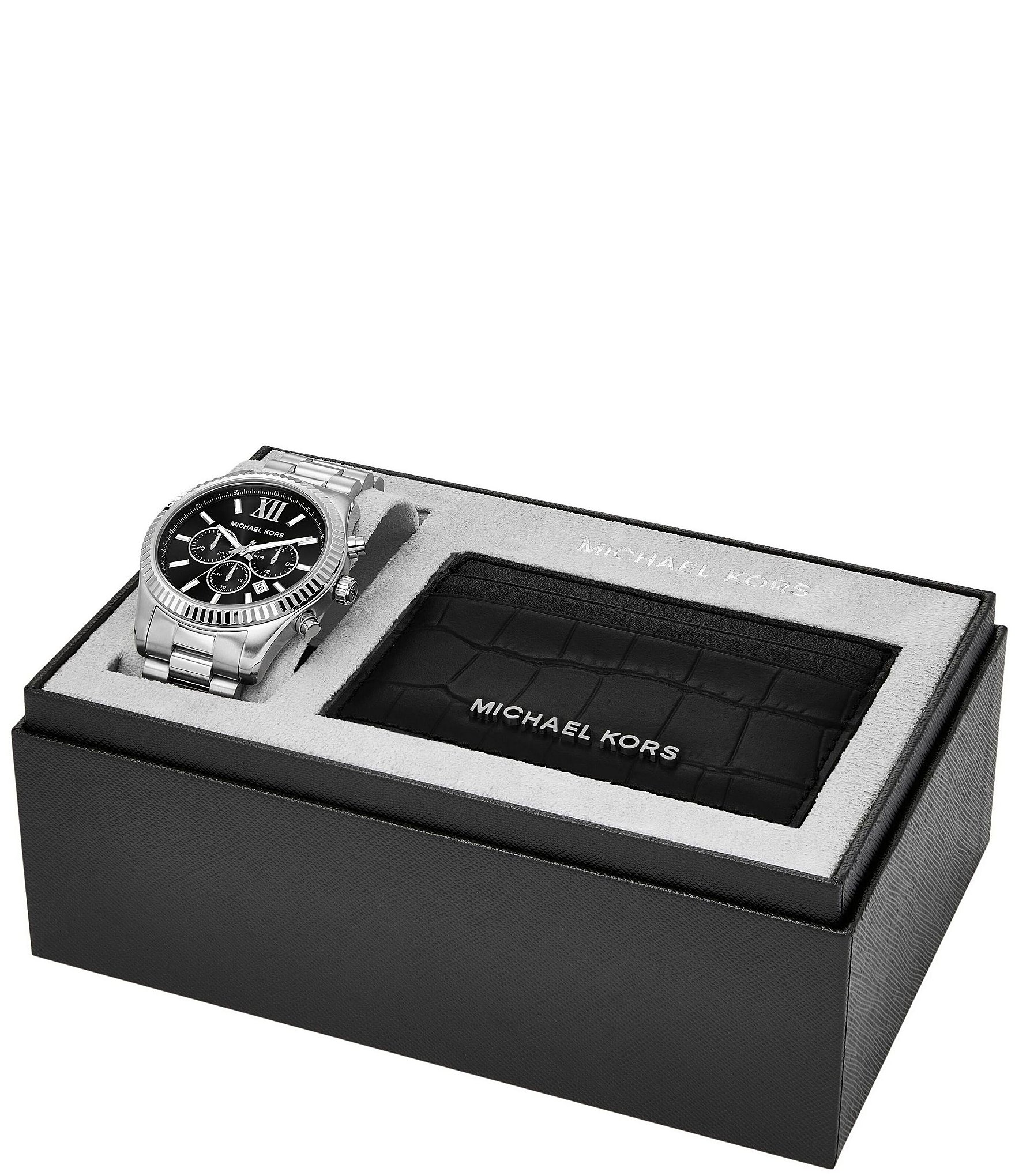 Michael Kors Men's Lexington Chronograph Stainless Steel Bracelet Watch and Card Case Gift Set