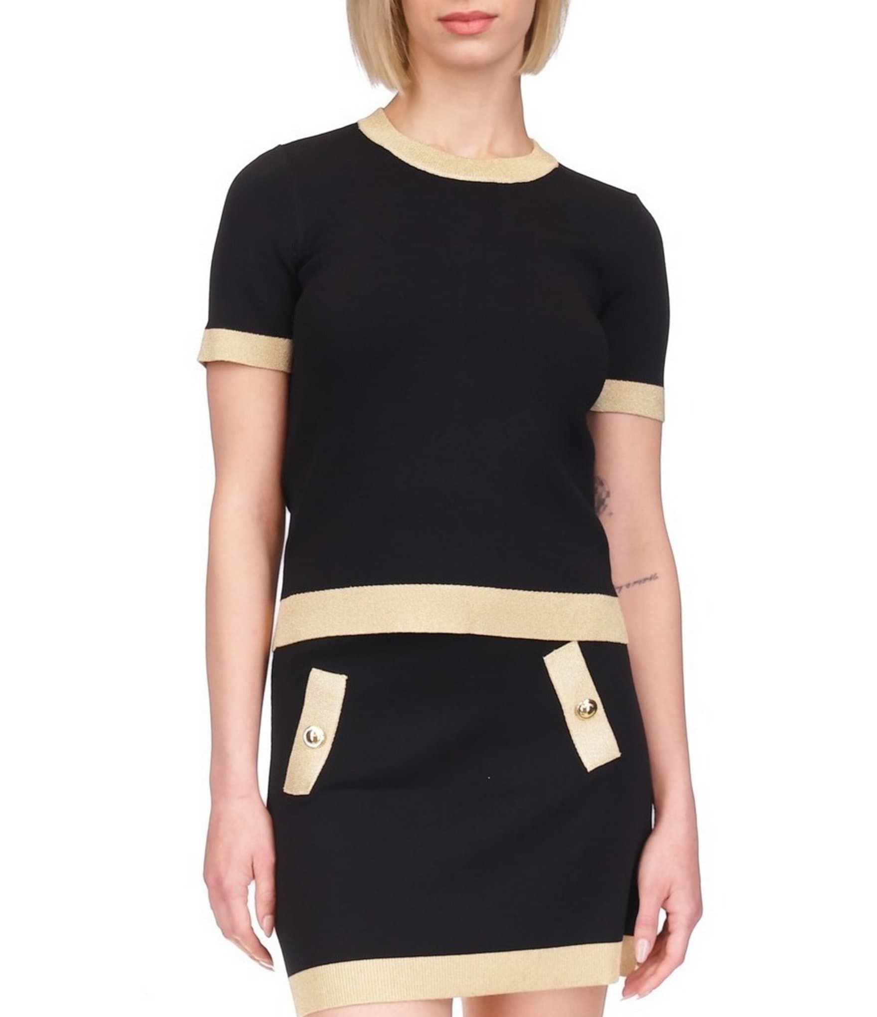 Michael Kors Metallic Trim Color Block Crew Neck Short