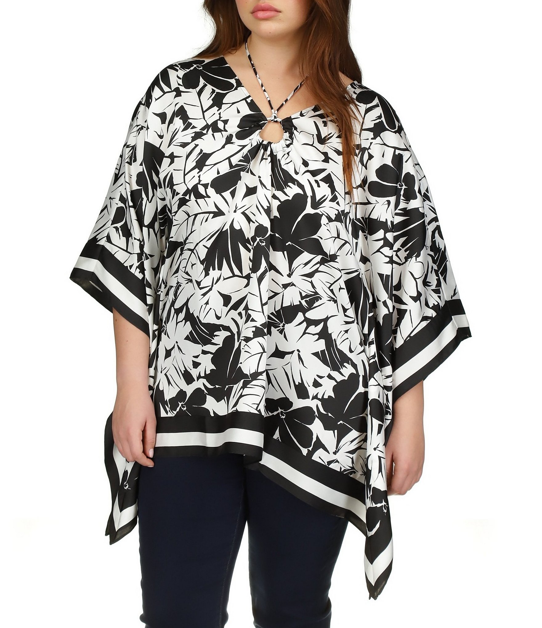 Michael Kors Plus Size Floral Printed V-Neck 3/4 Sleeve Poncho Top ...