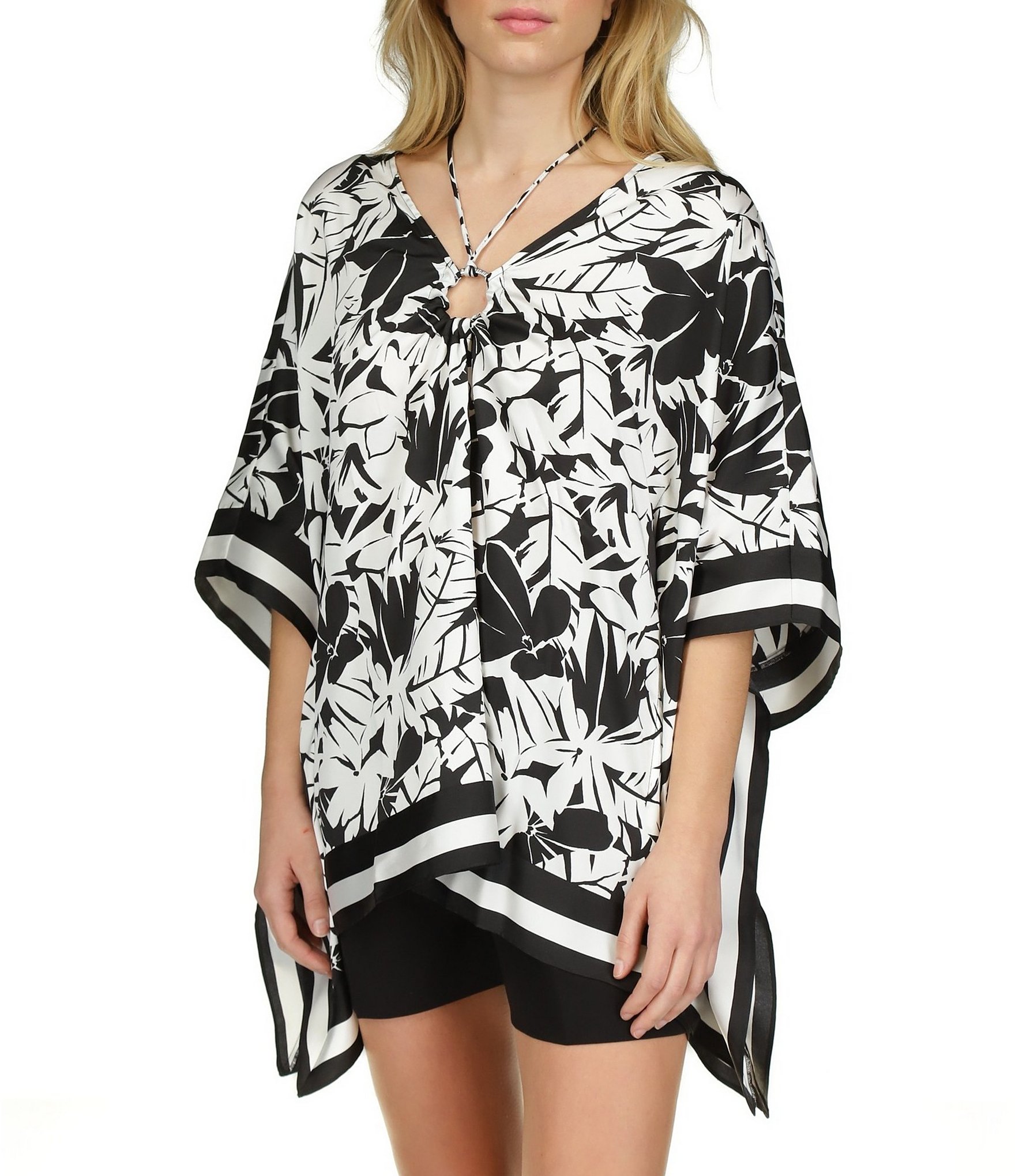 Michael Kors Printed V Neckline 3/4 Sleeve Poncho Top