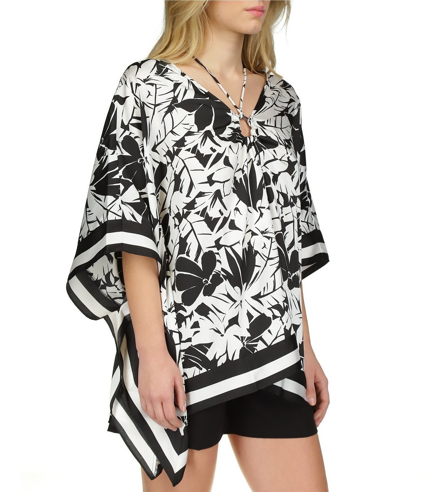 Michael Kors Printed V Neckline 3/4 Sleeve Poncho Top