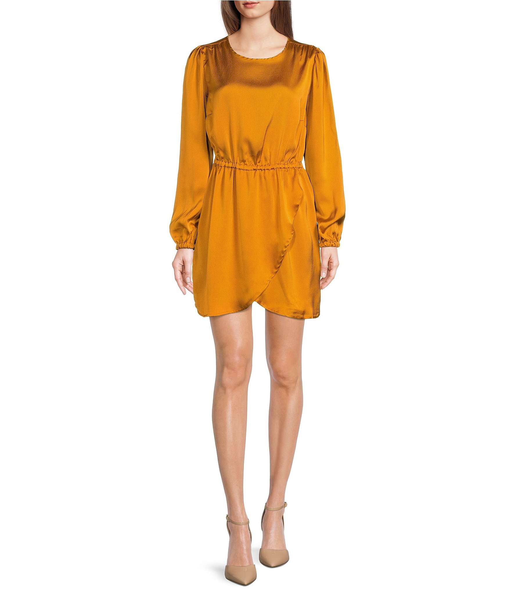 MICHAEL Michael Kors Satin Jewel Neck Long Sleeve Faux Wrap Dress |  Dillard's