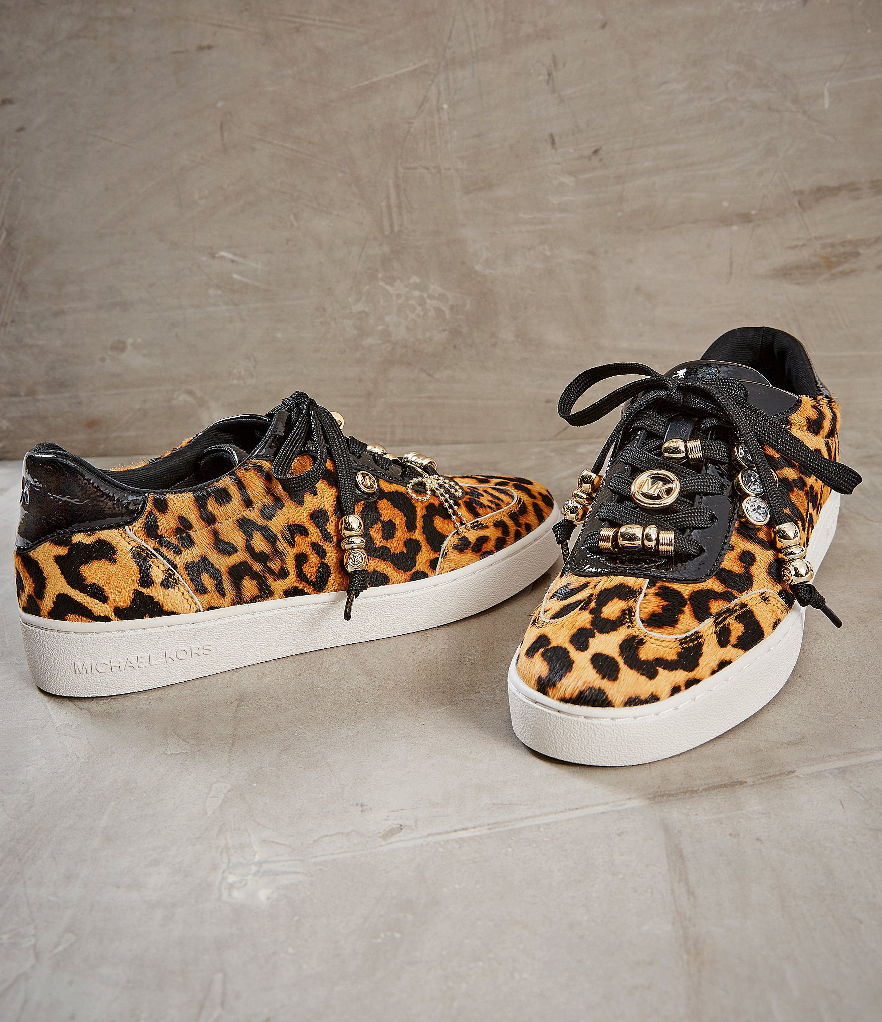 Michael Kors Scotty Cheetah Print Hair Calf Charm Hardware Lace Up Sneakers