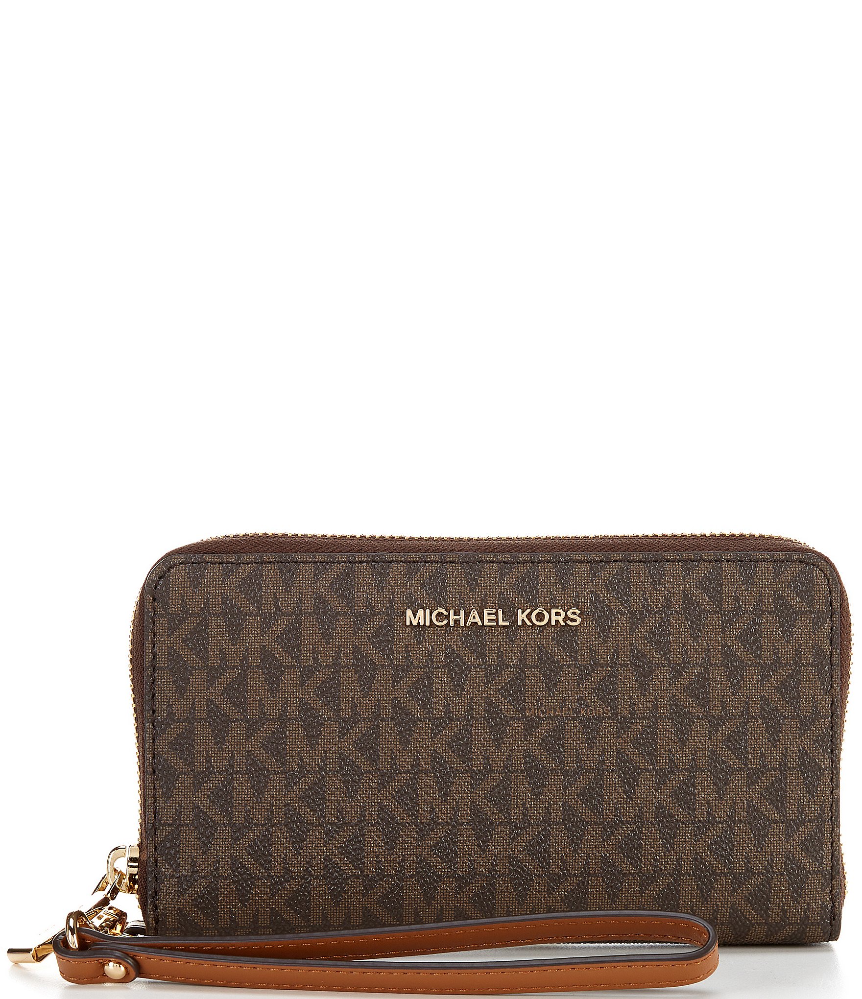 Michael Kors Signature Logo Jet Set Large Gold Tone Flat Multifunction Wristlet