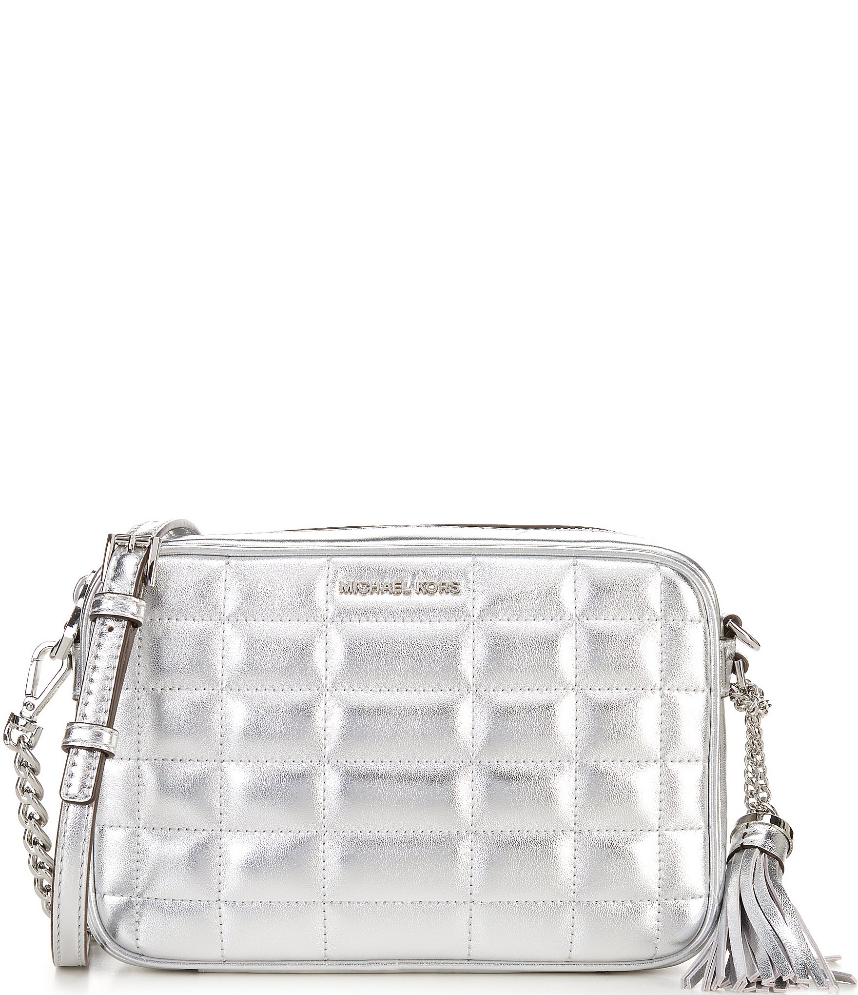 Michael Kors Camera Silver Metallic Quilted Jet Set Crossbody Bag