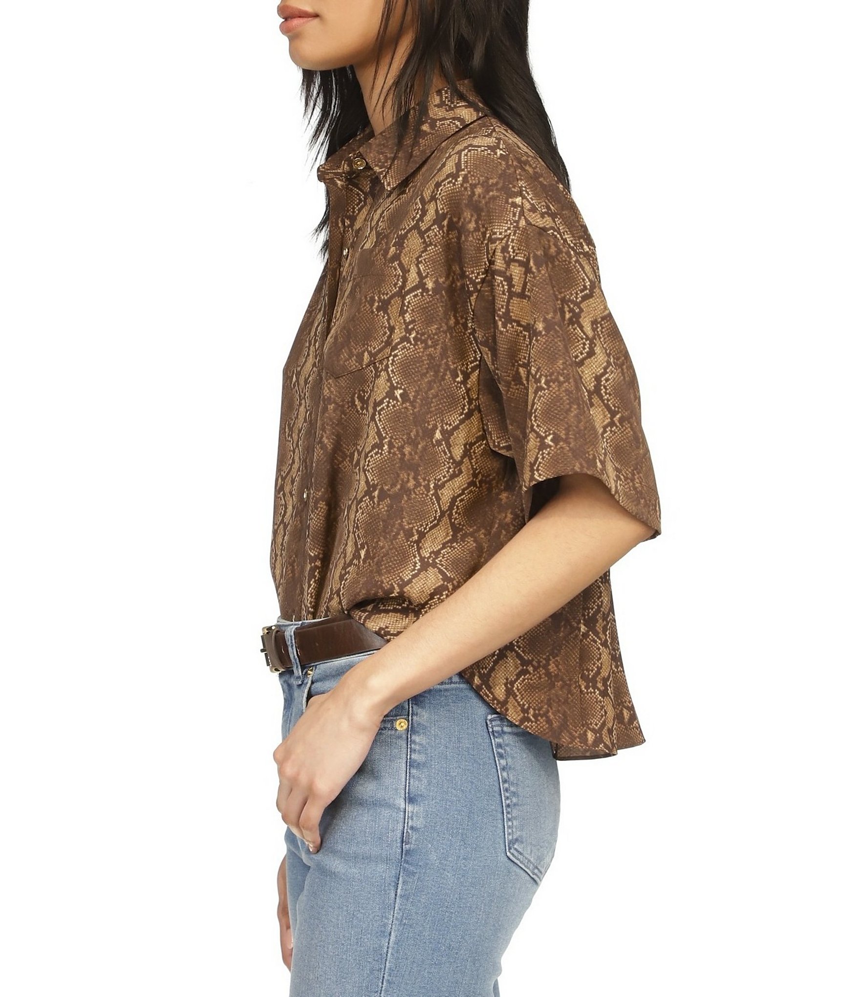 Michael Kors Snake Print Point Collar Short Sleeve Pleated Back Button-Front Shirt