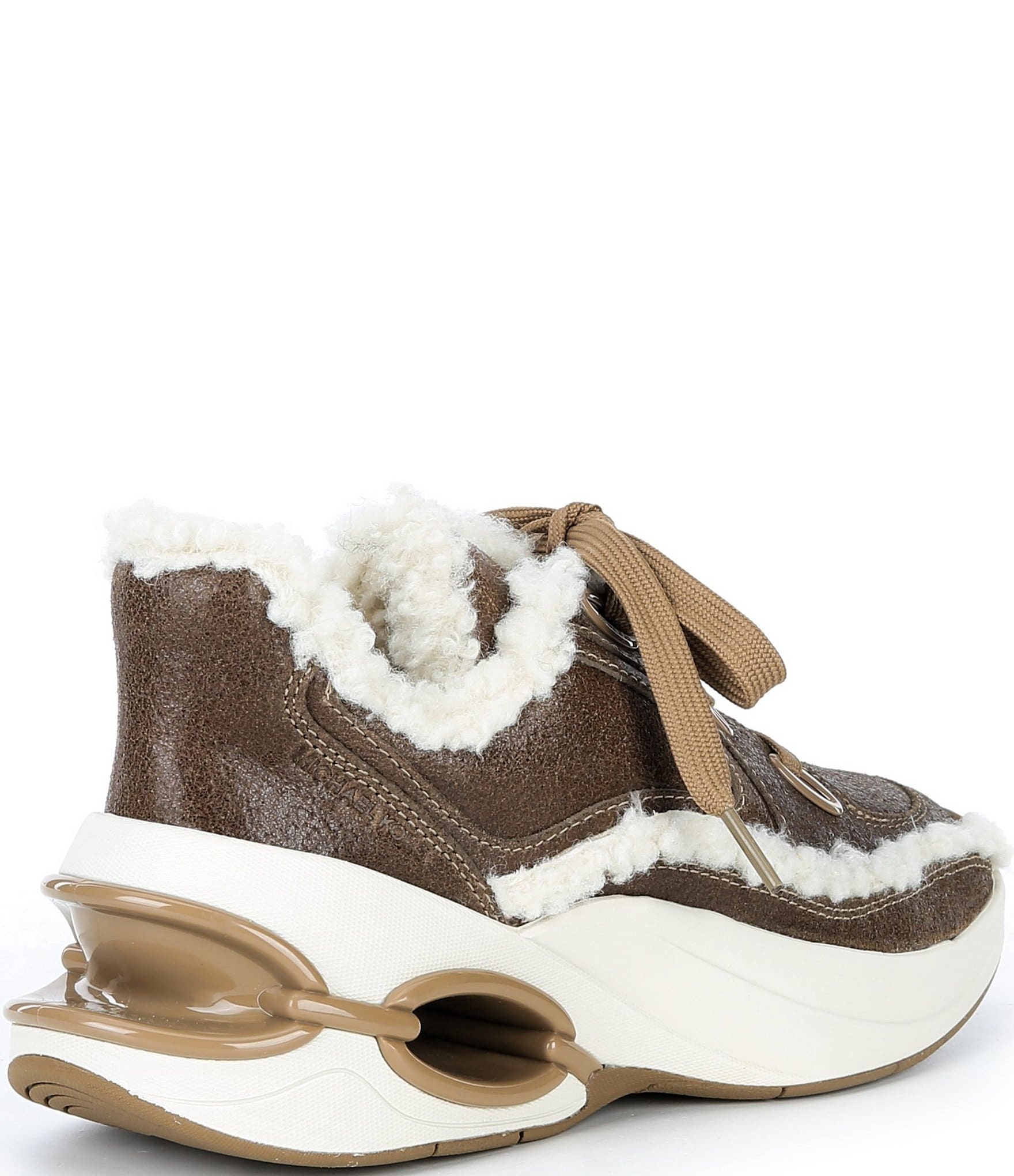 Michael Kors Toni Distressed Leather and Faux Shearling Trainer Wedge Sneakers