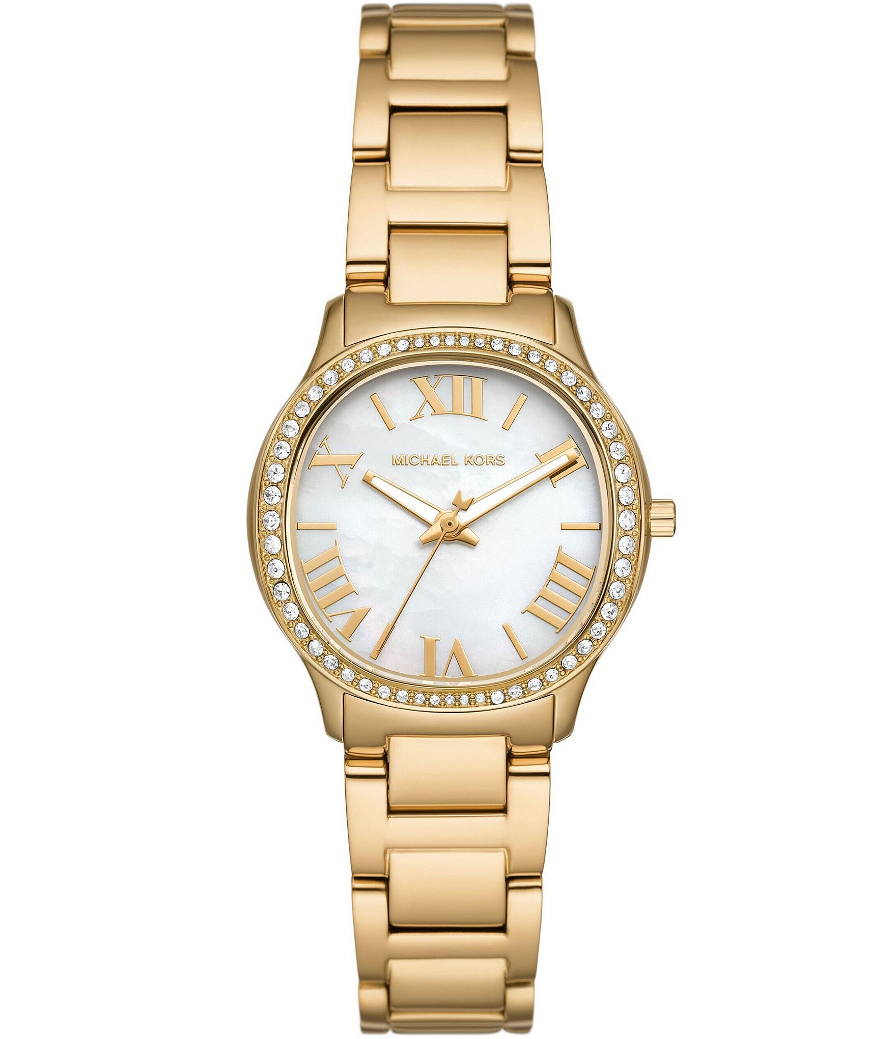 Michael Kors Women s Crystal Sage Three Hand Gold Tone Stainless Steel Bracelet Watch Dillard s