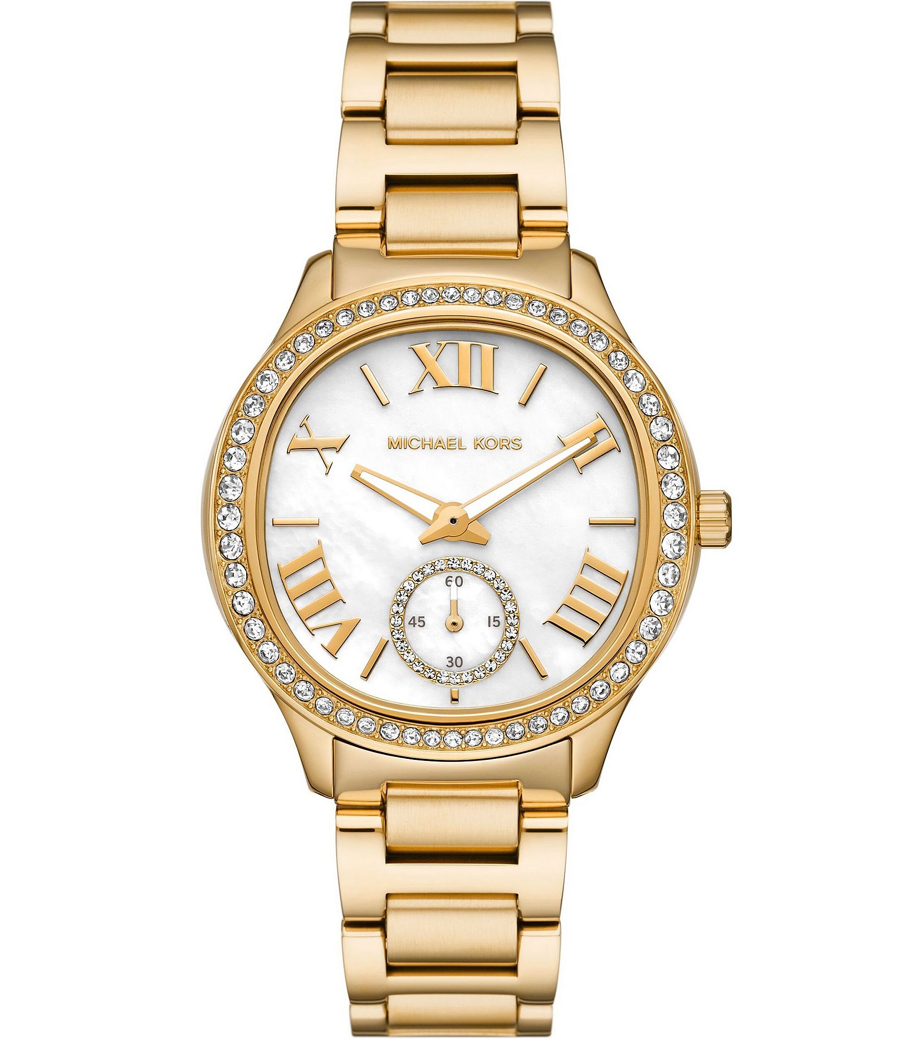 Michael Kors Women's Sage Crystal Embellished Three-Hand Gold-Tone Stainless Steel Bracelet Watch