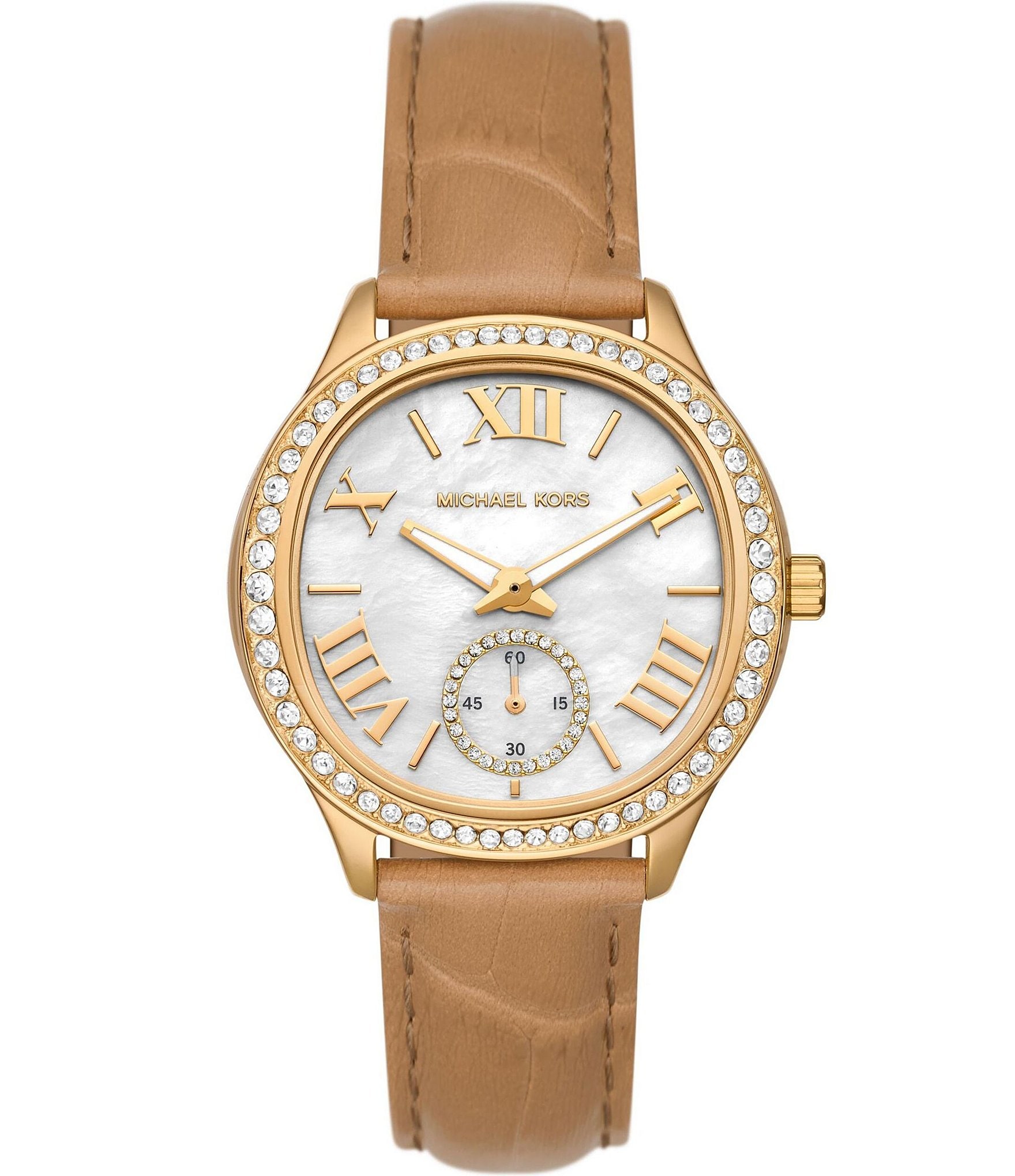 Michael Kors Women's Sage Three-Hand Crystal Peanut Croco Embossed Leather Strap Watch