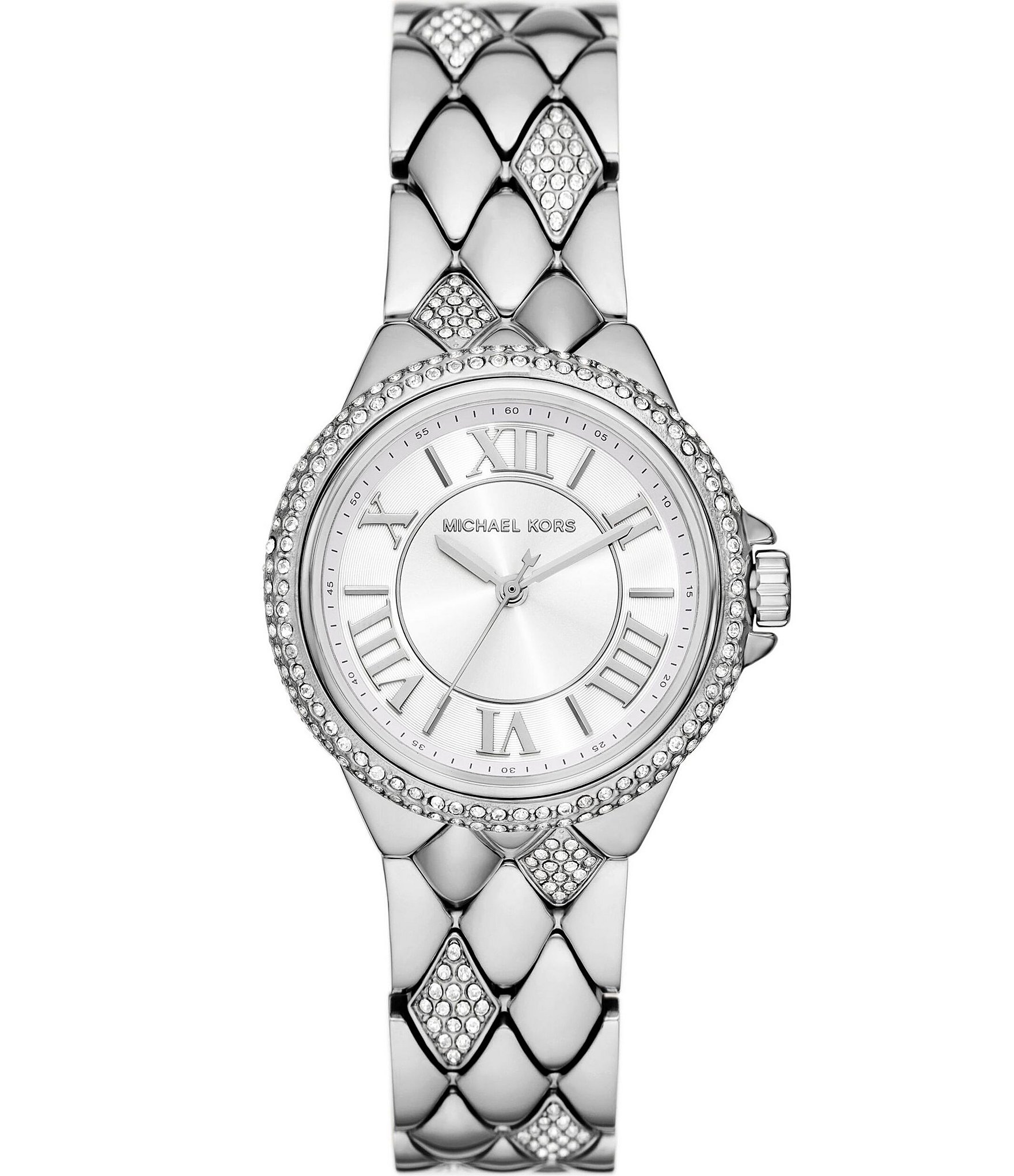 Michael Kors Women's Silver Camille Three-Hand Pave Stainless Steel Crystal Quilted Bracelet Watch