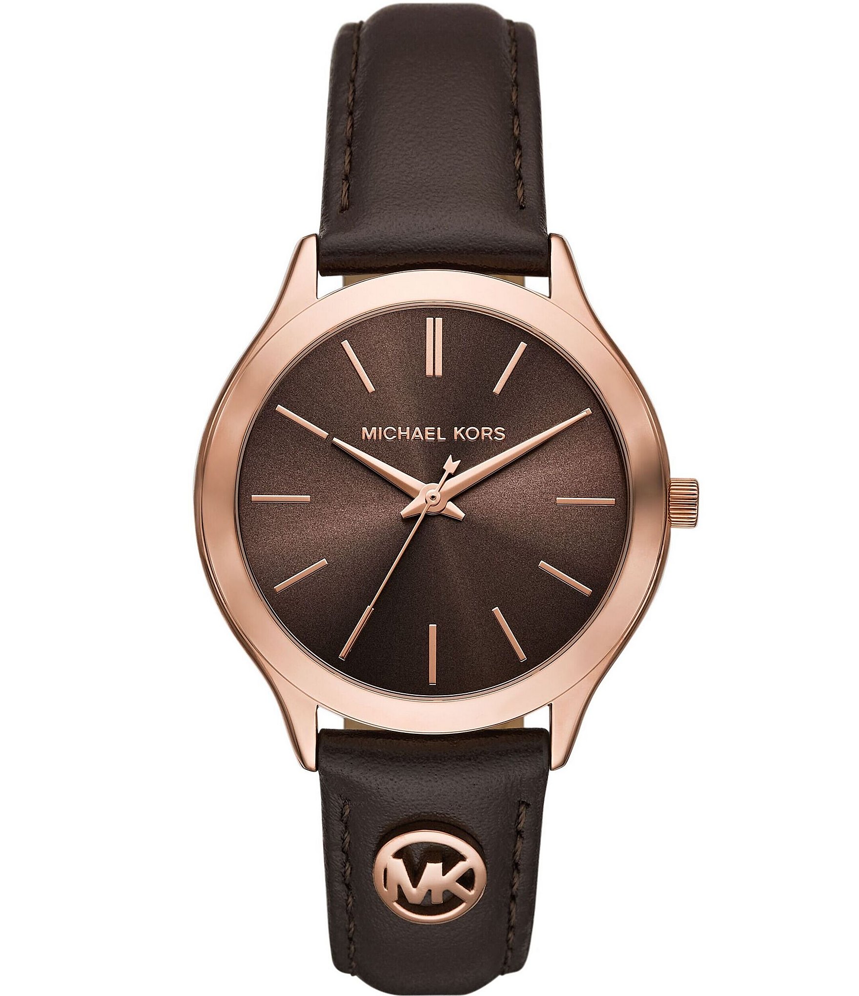 Michael Kors Women's Slim Runway Three-Hand Chocolate Leather Strap Watch