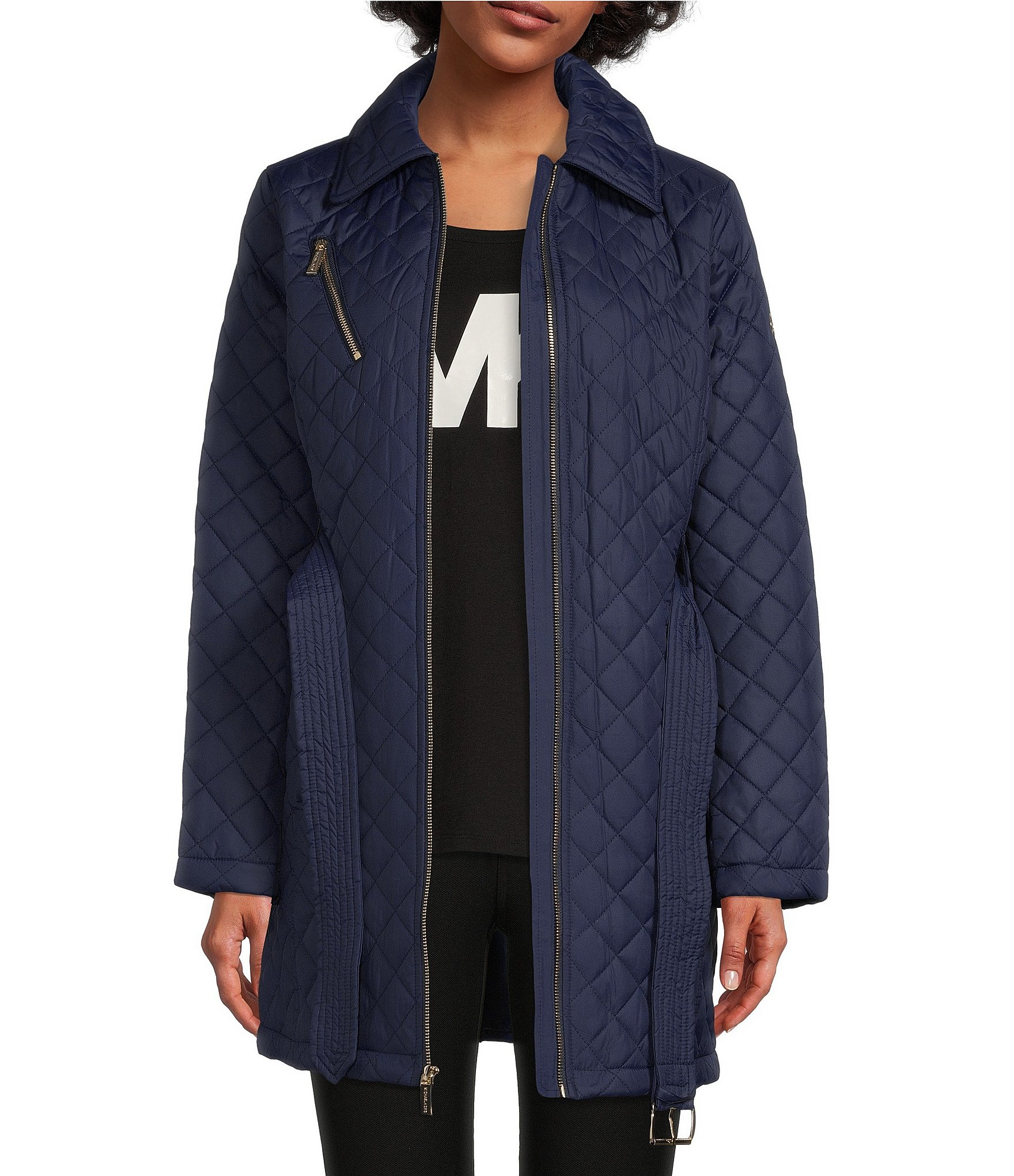 MICHAEL Michael Kors Belted Quilted Long Sleeve Hooded Coat | Dillard's