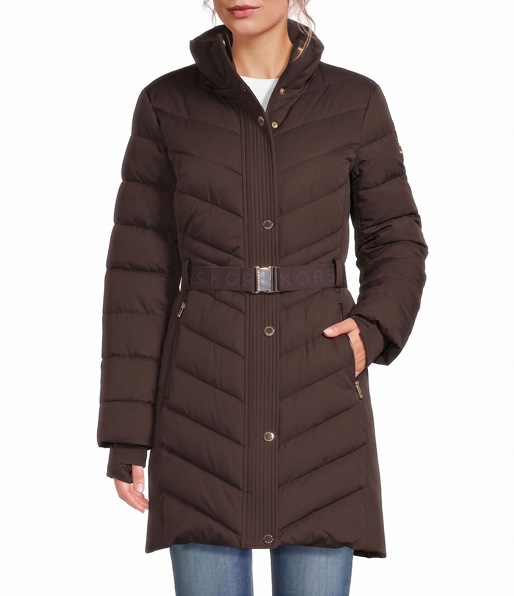 MICHAEL Michael Kors Chevron Pattern Stand Collar Removable Hood Belted Zip Front Puffer