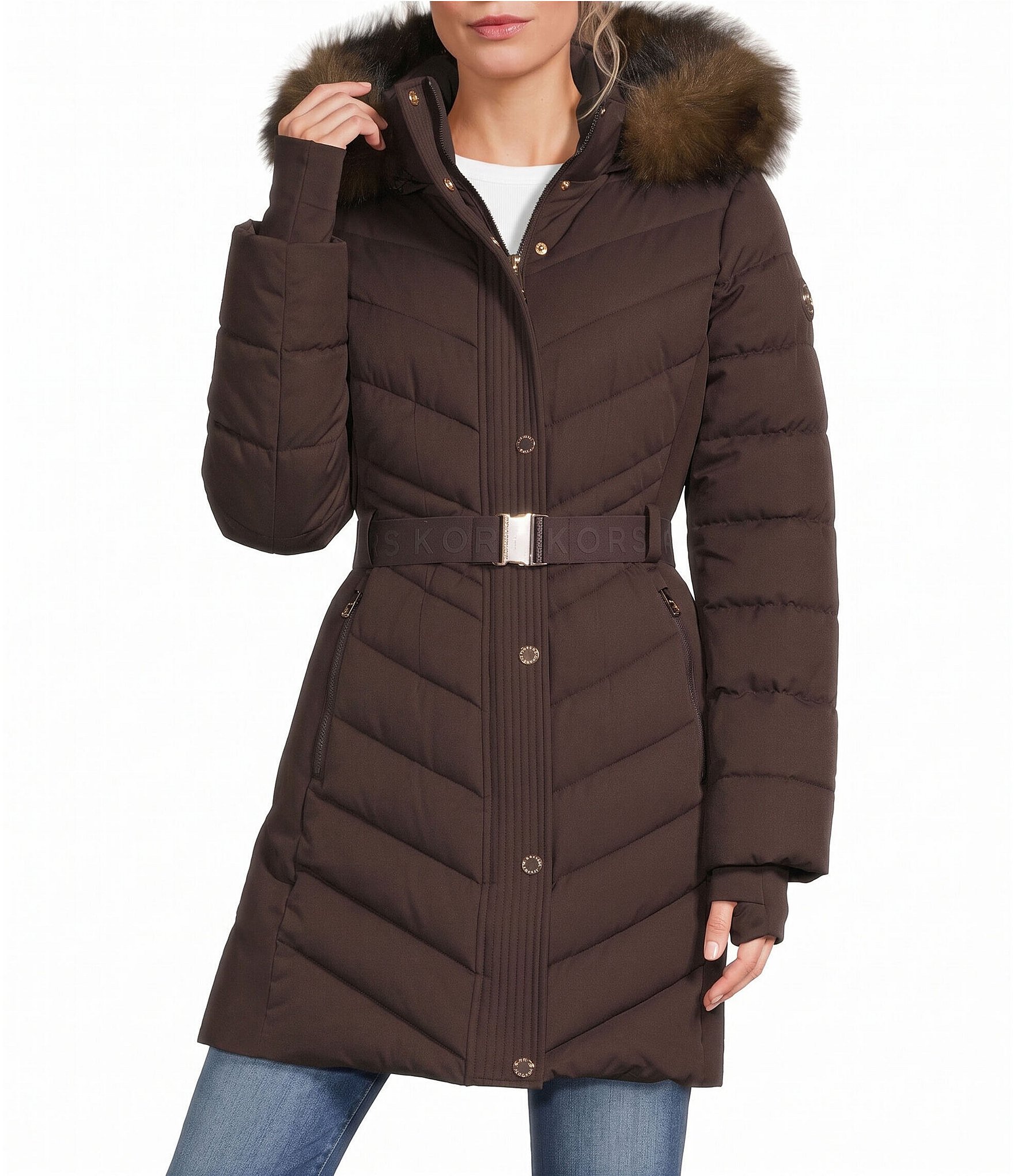MICHAEL Michael Kors Chevron Pattern Stand Collar Removable Hood Belted Zip Front Puffer