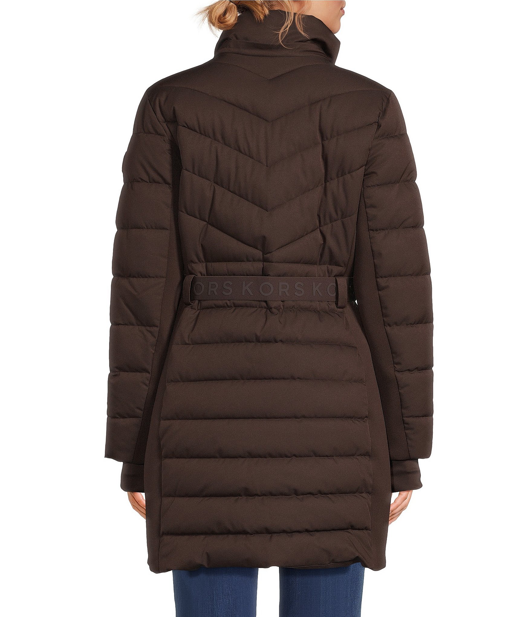 MICHAEL Michael Kors Chevron Pattern Stand Collar Removable Hood Belted Zip Front Puffer