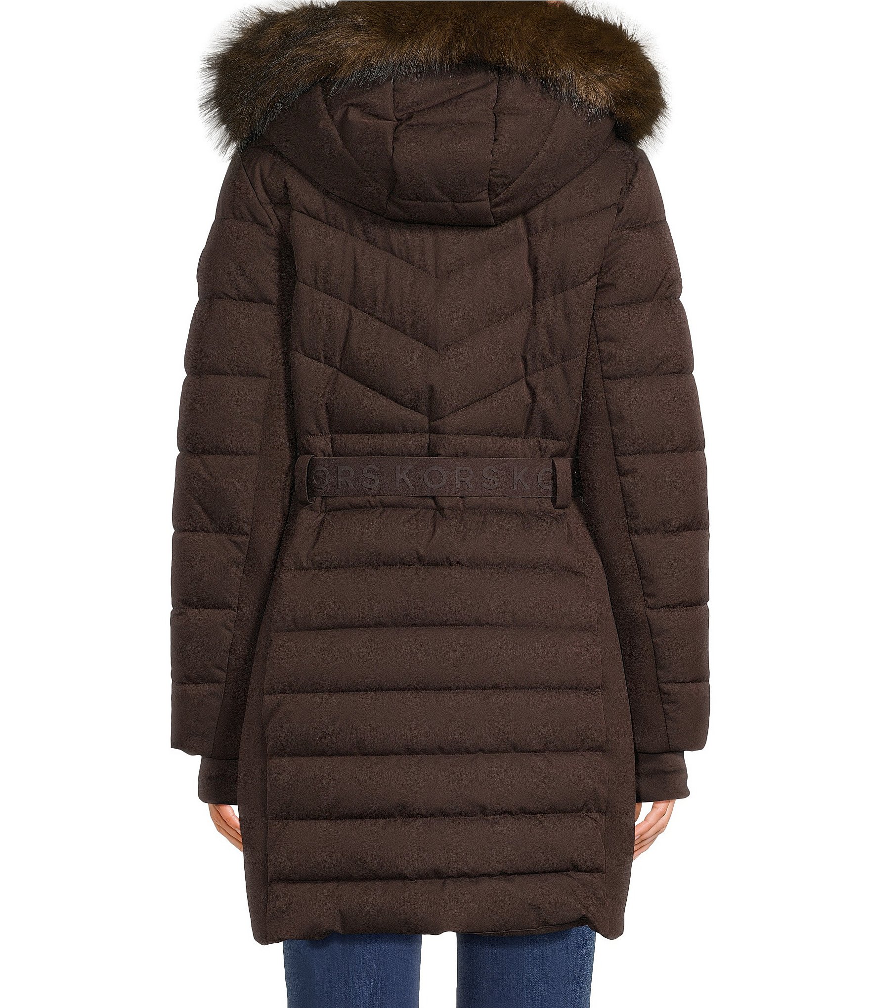 MICHAEL Michael Kors Chevron Pattern Stand Collar Removable Hood Belted Zip Front Puffer
