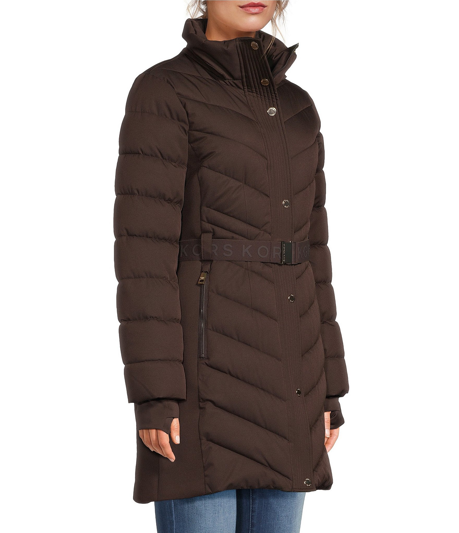 MICHAEL Michael Kors Chevron Pattern Stand Collar Removable Hood Belted Zip Front Puffer
