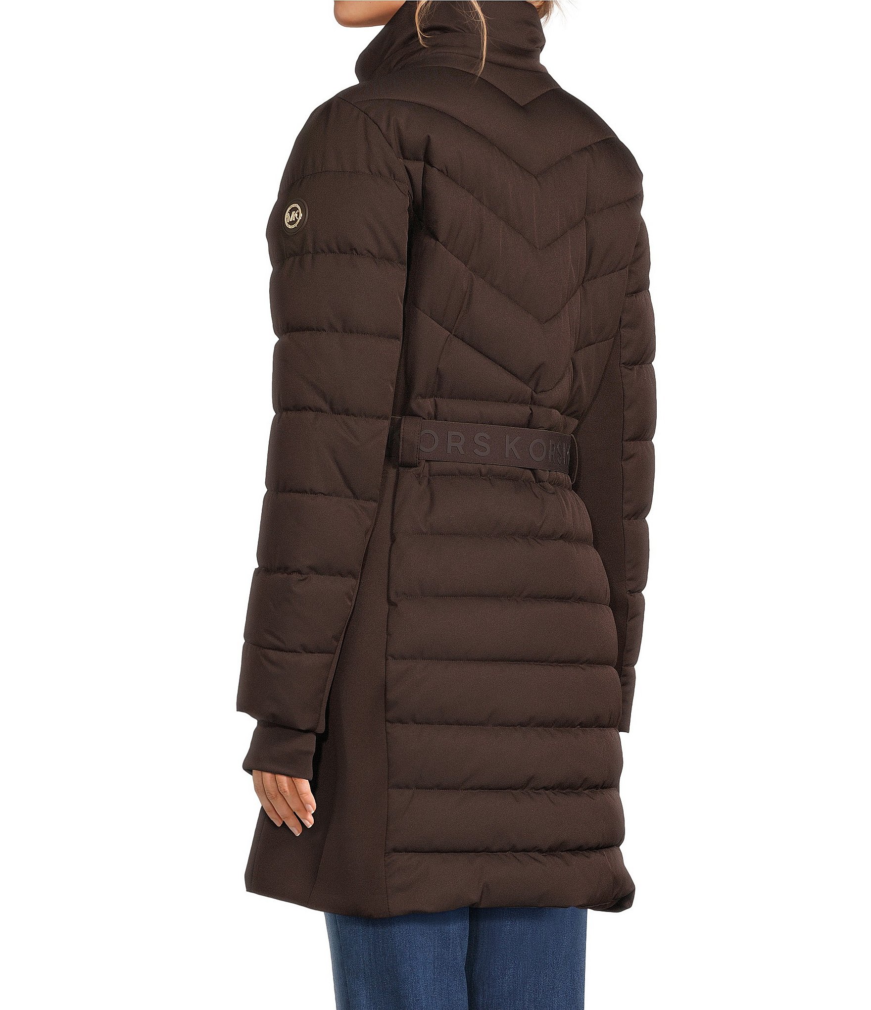MICHAEL Michael Kors Chevron Pattern Stand Collar Removable Hood Belted Zip Front Puffer