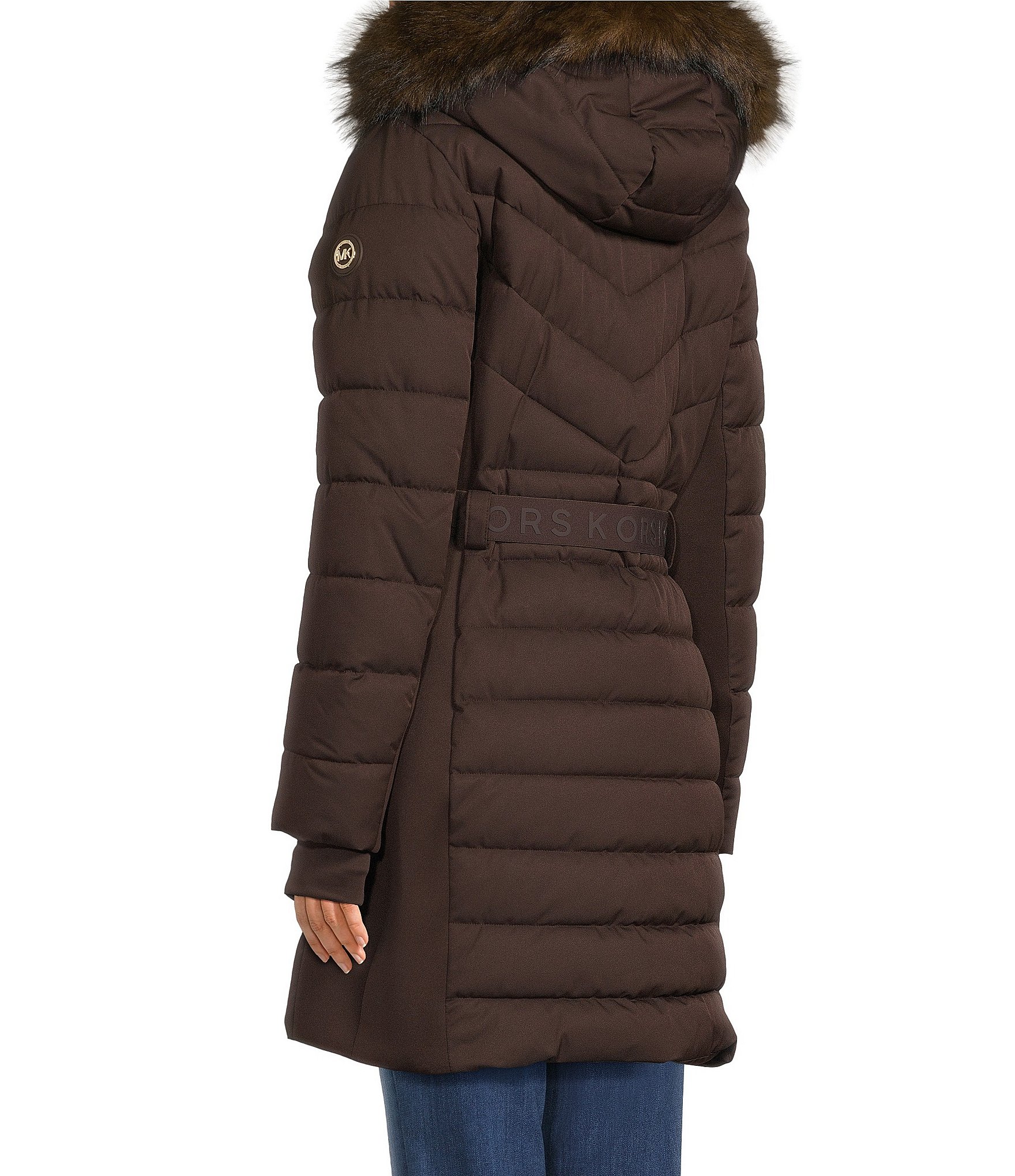 MICHAEL Michael Kors Chevron Pattern Stand Collar Removable Hood Belted Zip Front Puffer