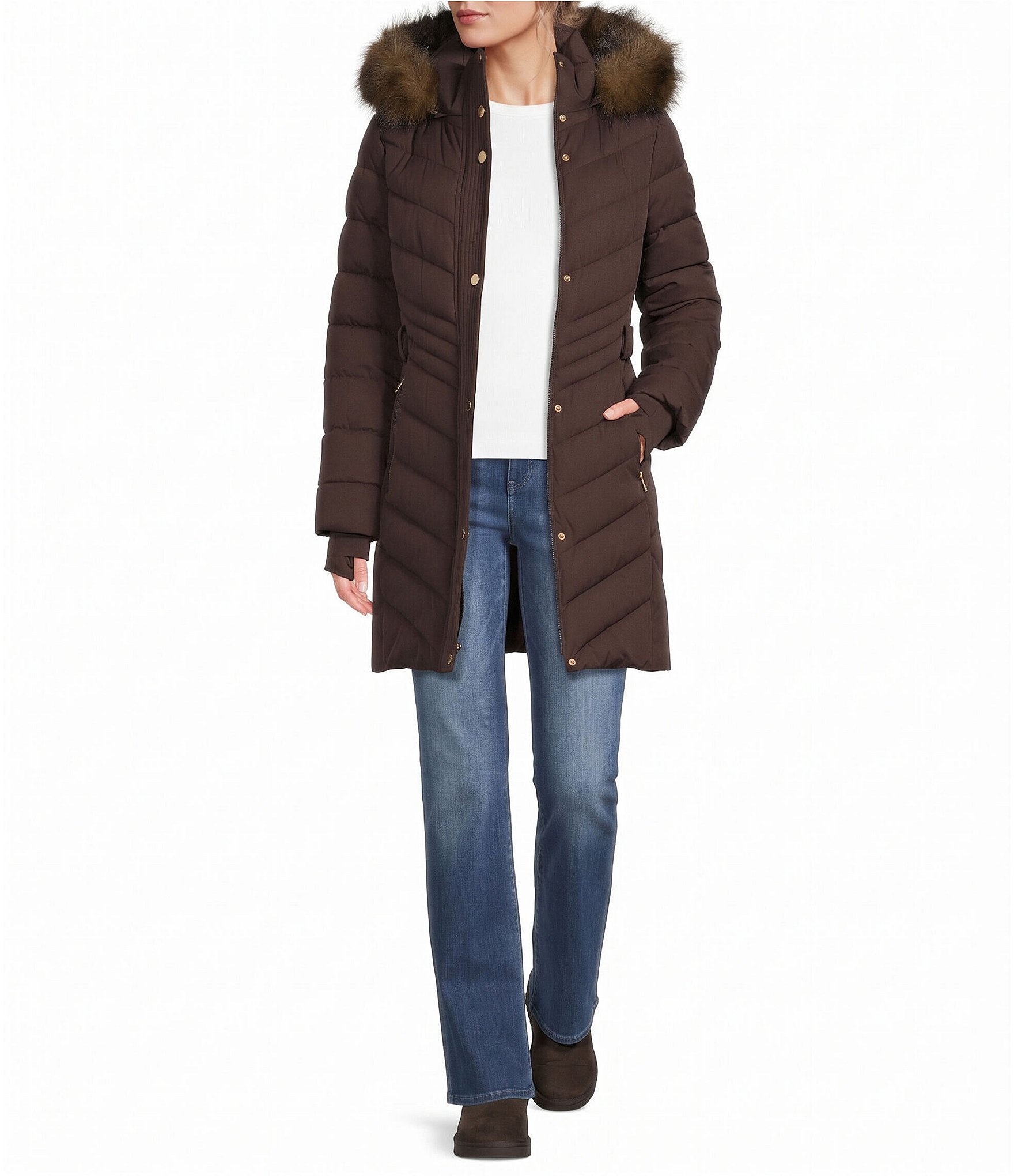 MICHAEL Michael Kors Chevron Pattern Stand Collar Removable Hood Belted Zip Front Puffer