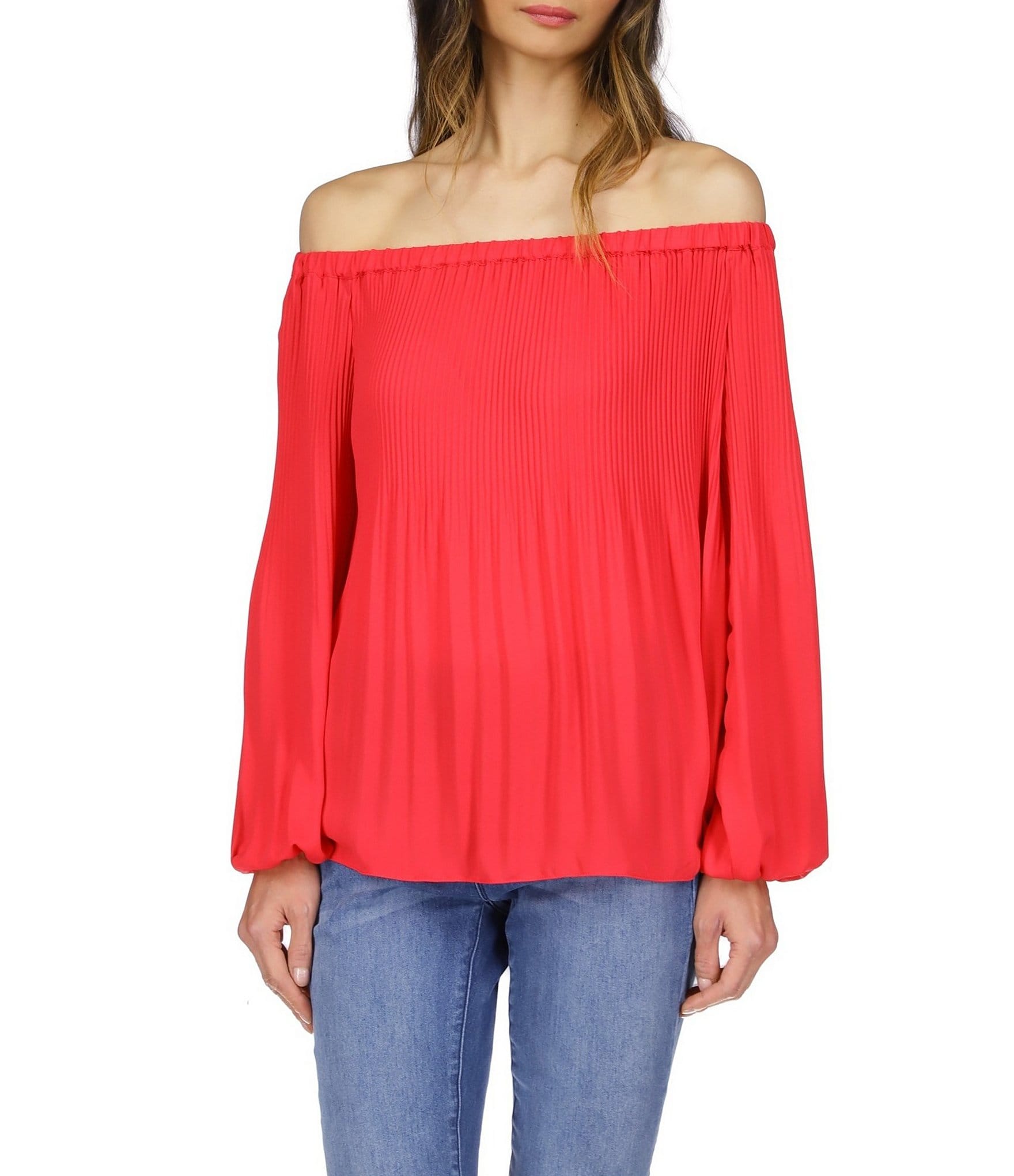 MICHAEL Michael Kors Crepe Pleated Off the Shoulder Blouse Dillard s