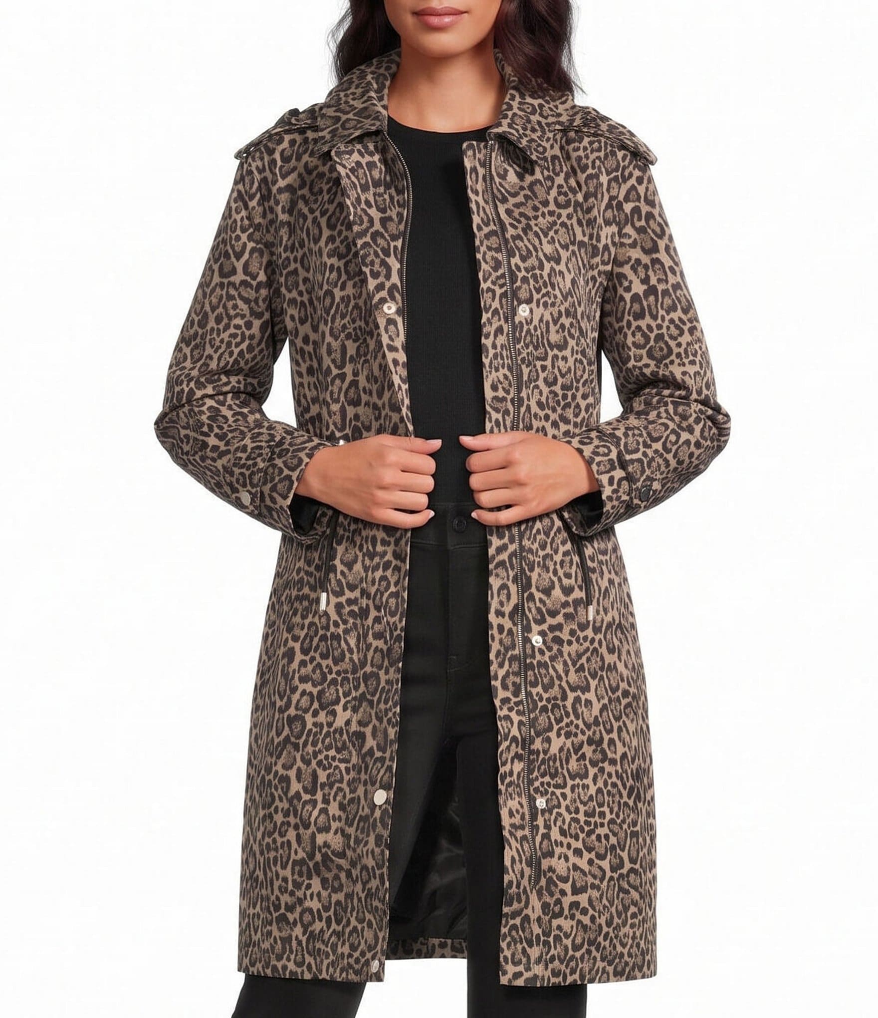 MICHAEL Michael Kors Faux Suede Cheetah Print Point Collar Button Front Coat