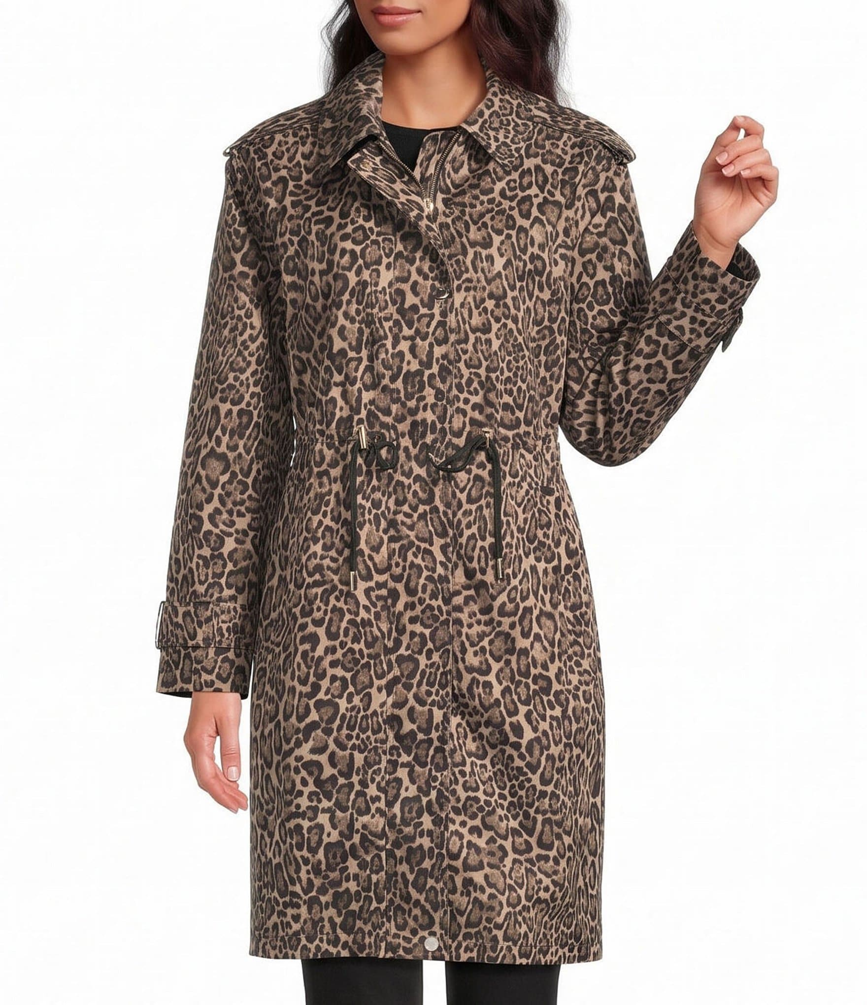 MICHAEL Michael Kors Faux Suede Cheetah Print Point Collar Button Front Coat