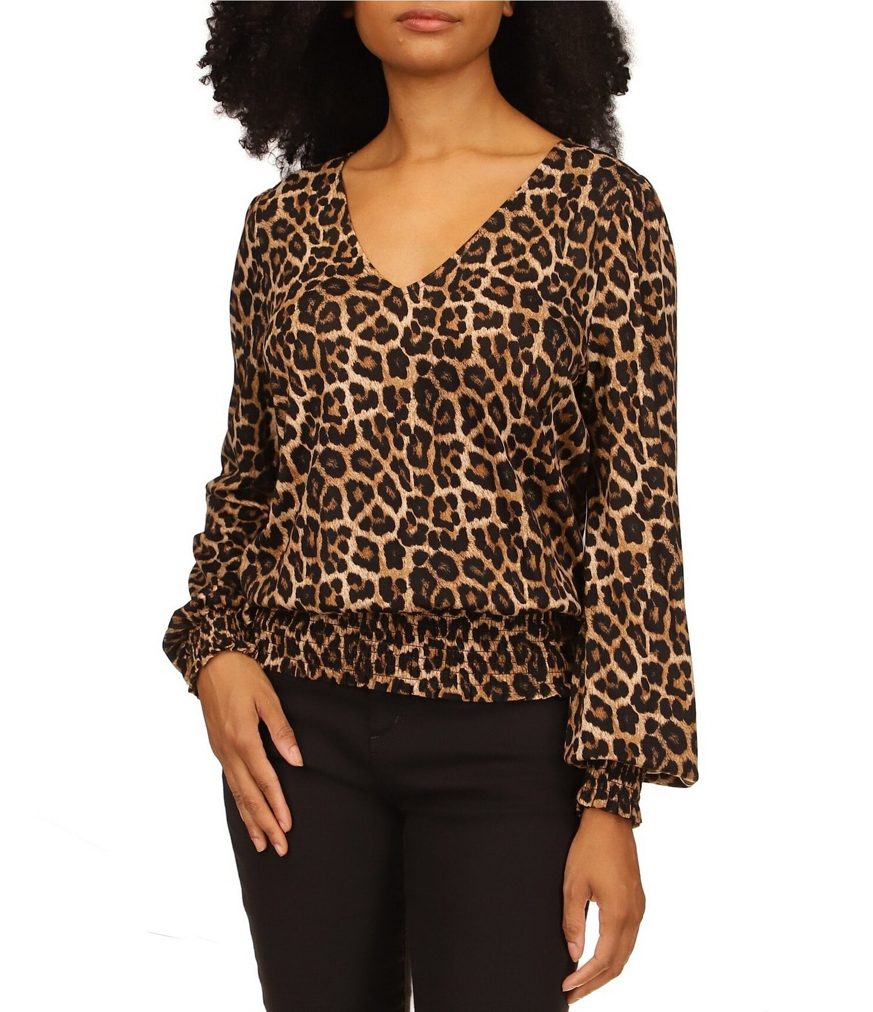 MICHAEL Michael Kors Knit Jersey Cheetah Print V-Neck Long Sleeve 