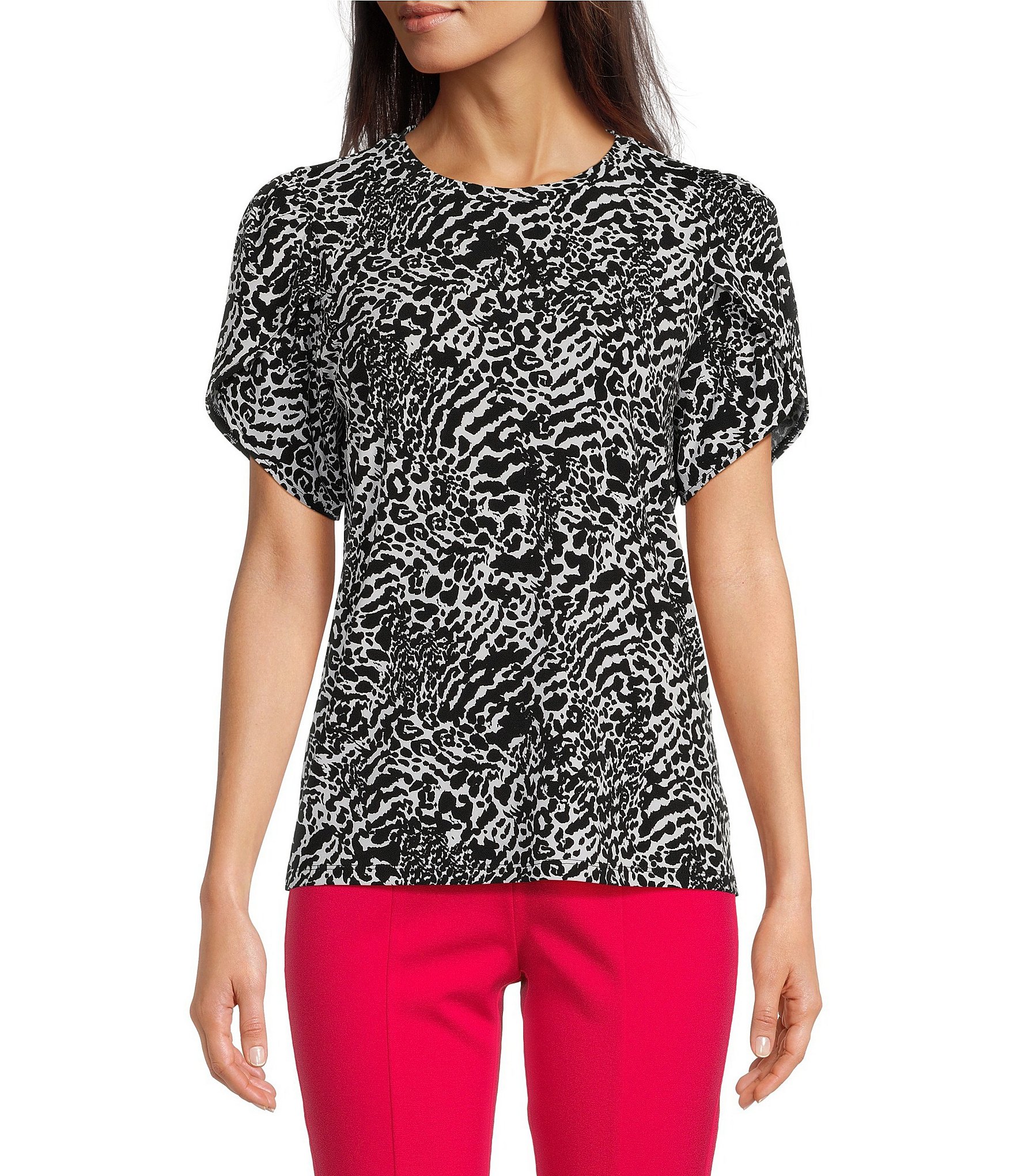 MICHAEL Michael Kors Leopard Print Knit Jersey Short Sleeve Turtleneck  Shirt