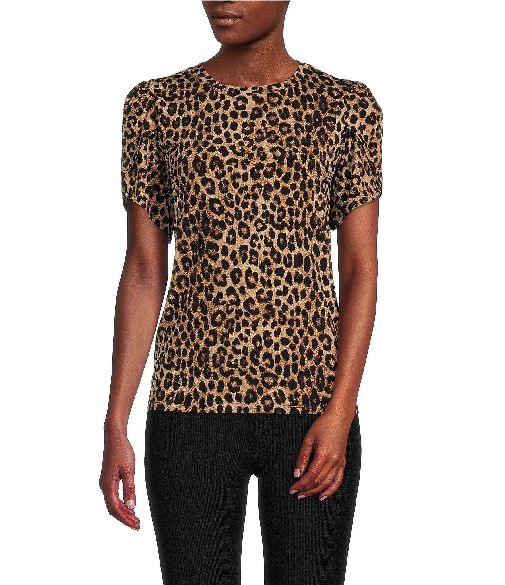 MICHAEL Michael Kors Leopard Print Knit Jersey Short Sleeve Turtleneck  Shirt