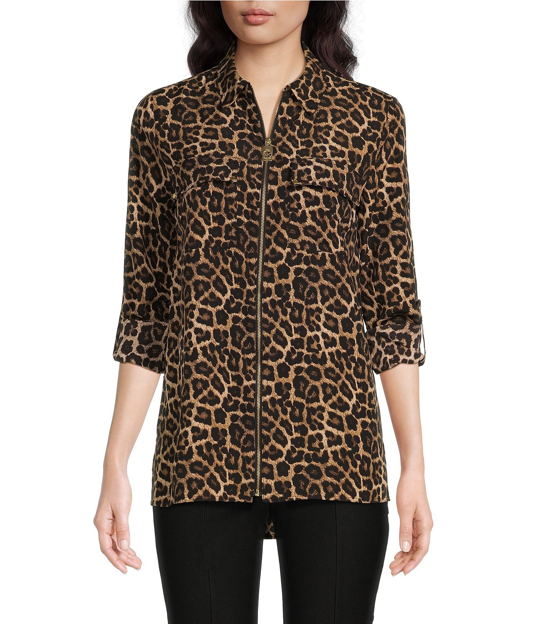 Michael Kors Leopard Print Point Collar Pebble Crepe Roll-Tab Long Sleeve Zip Front Top | Dillard's