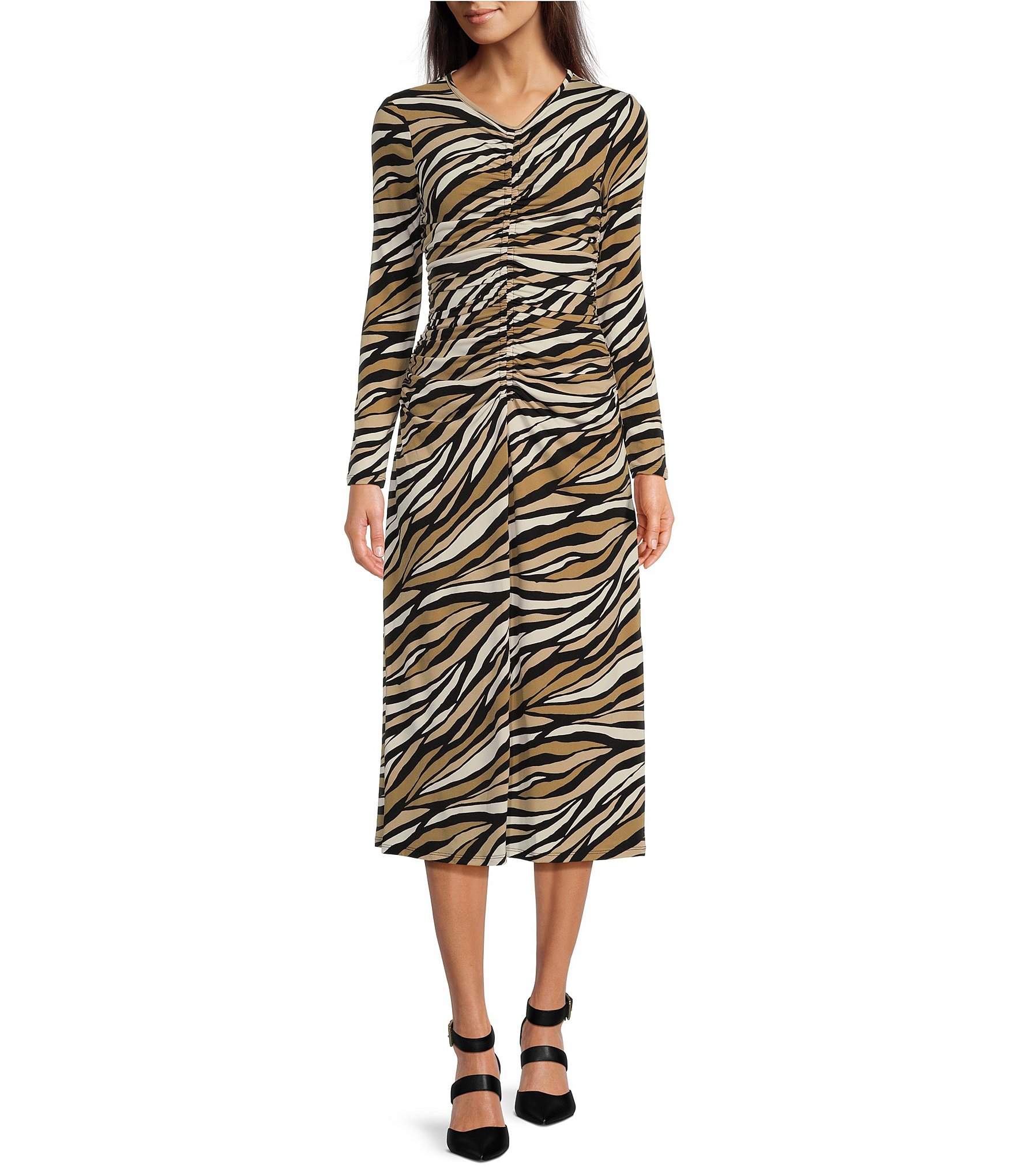MICHAEL Michael Kors Long Sleeve Tiger Stripe Ruched Midi Dress | Dillard's