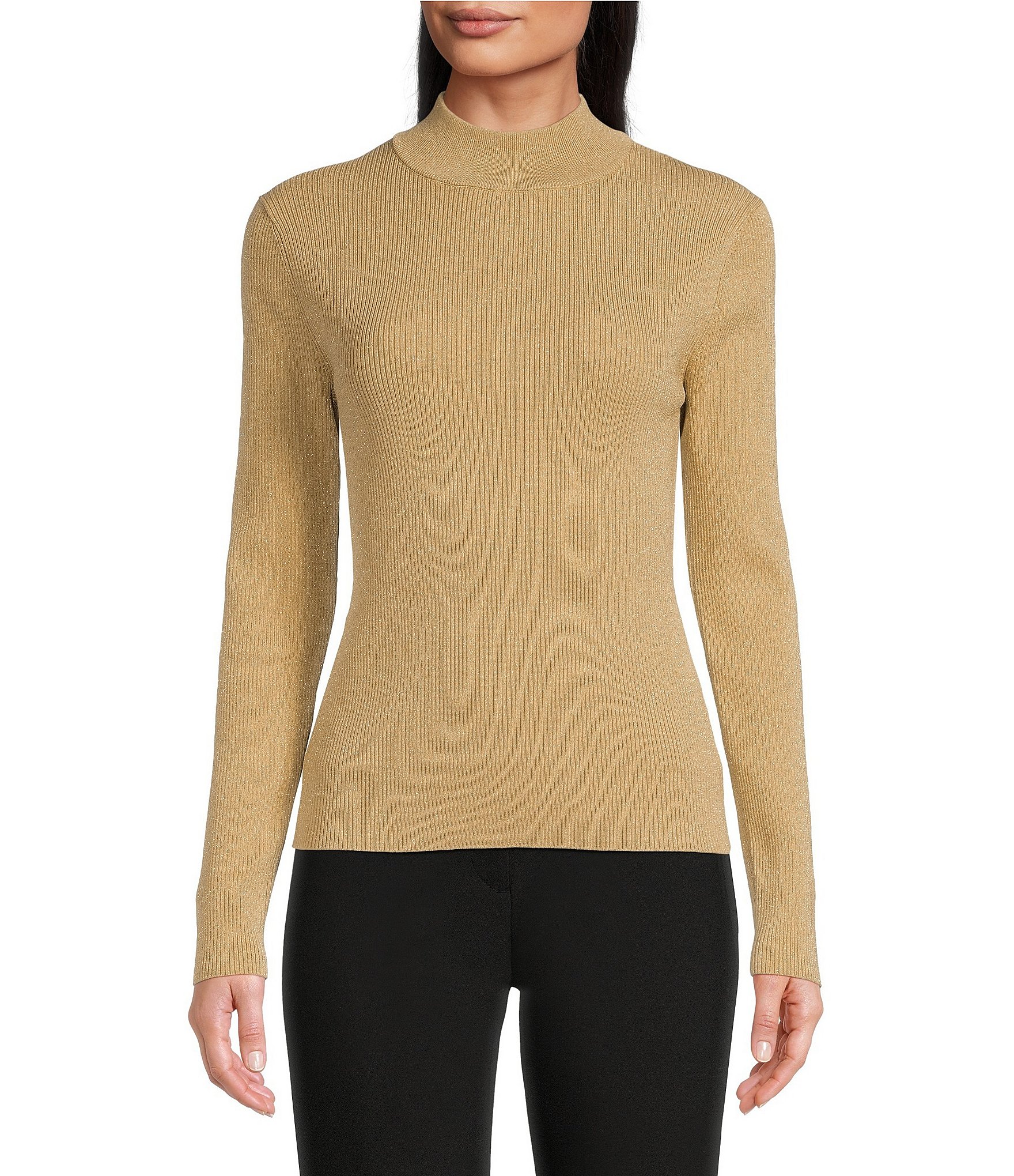 MICHAEL Michael Kors Metallic Ribbed Knit Mock Neck Long Sleeve Fitted ...