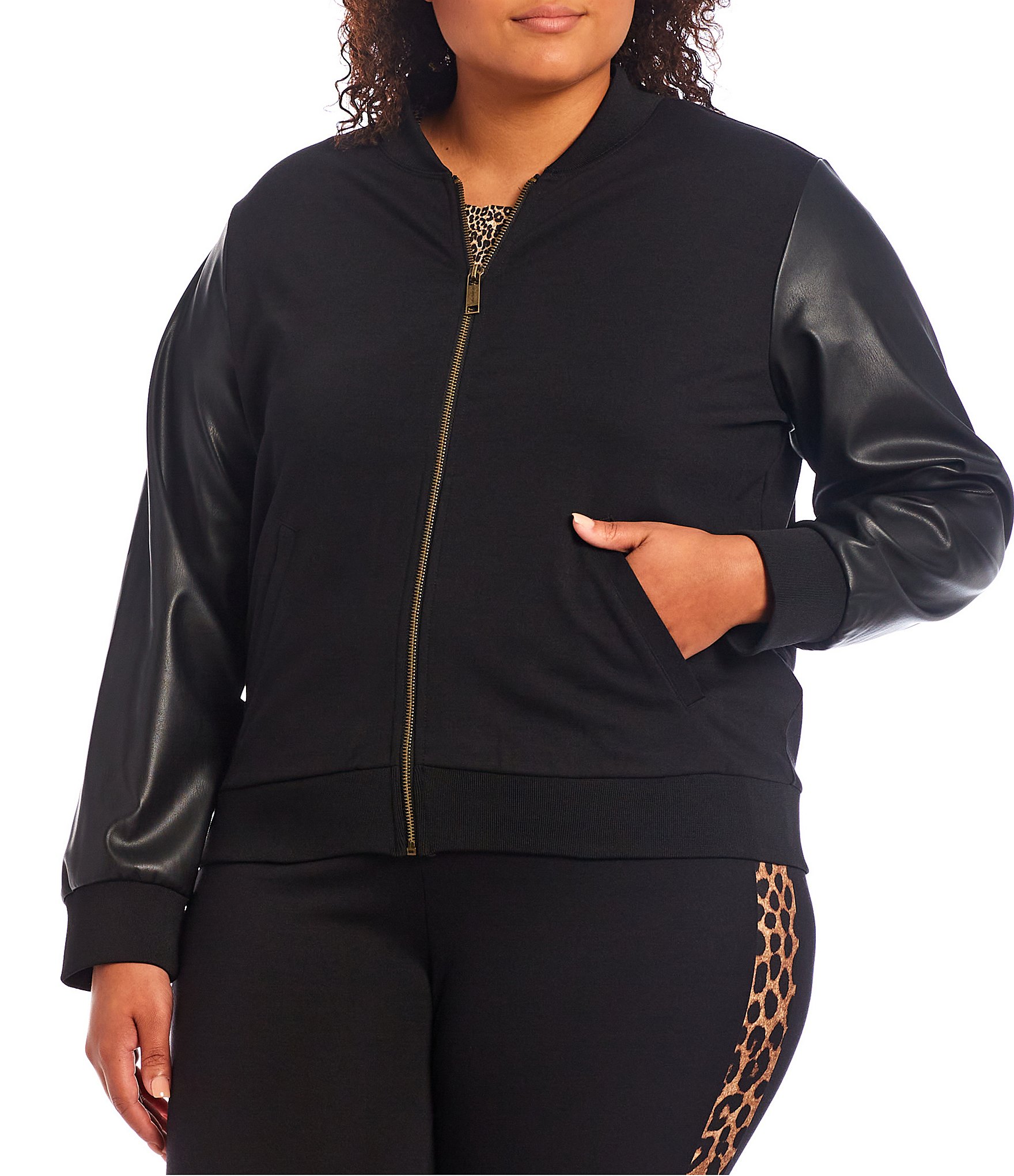 MICHAEL Michael Kors Plus Size Ponte Zipper Front Vegan Leather Sleeve Shawl Collar Bomber Jacket | Dillard's