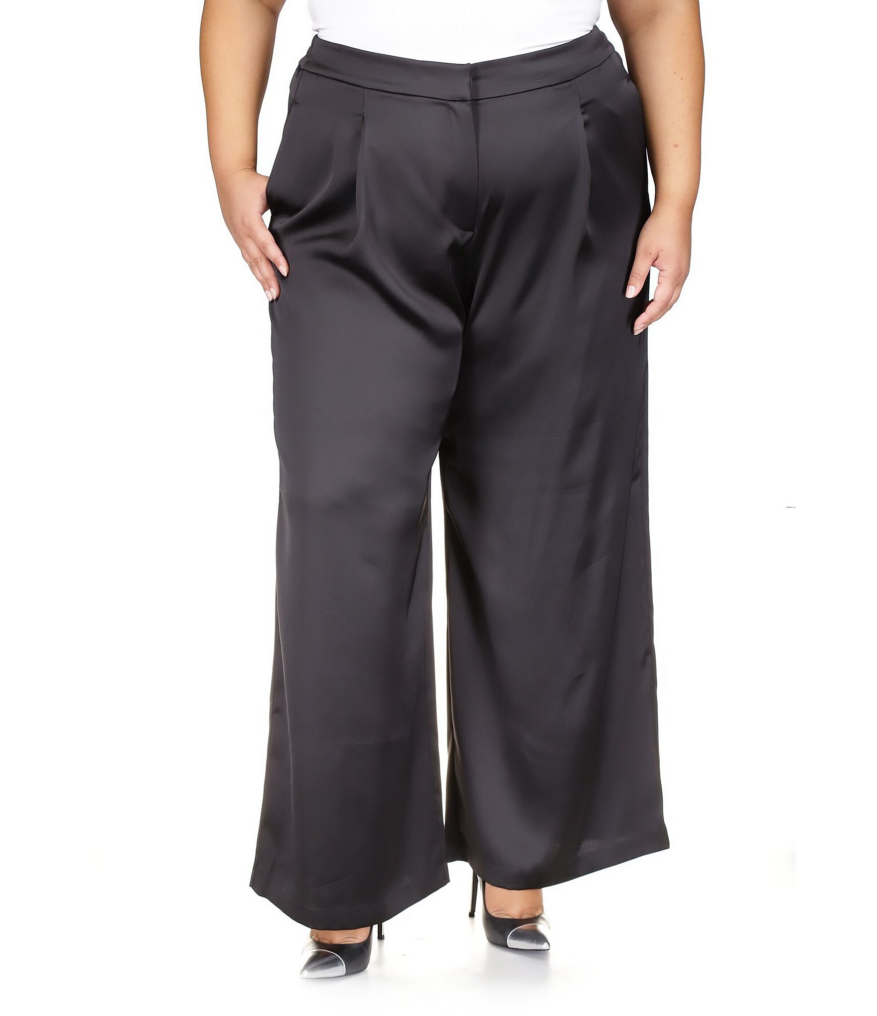 Multiples Plus Size Solid Stretch Velvet Knit Wide-Leg Pull-On Pants