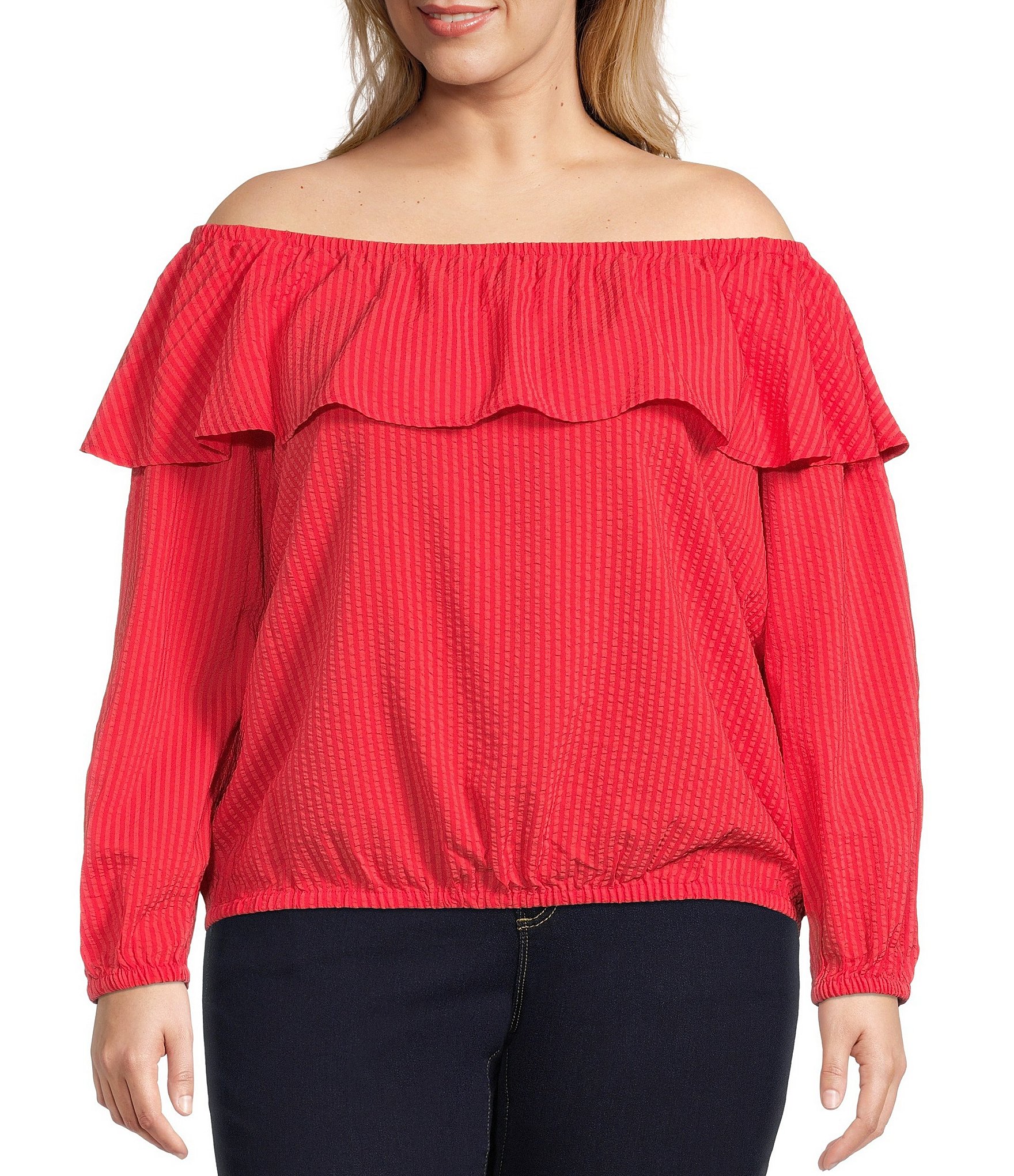 MICHAEL Michael Kors Plus Size Seersucker Ruffle Off-the-Shoulder Long 