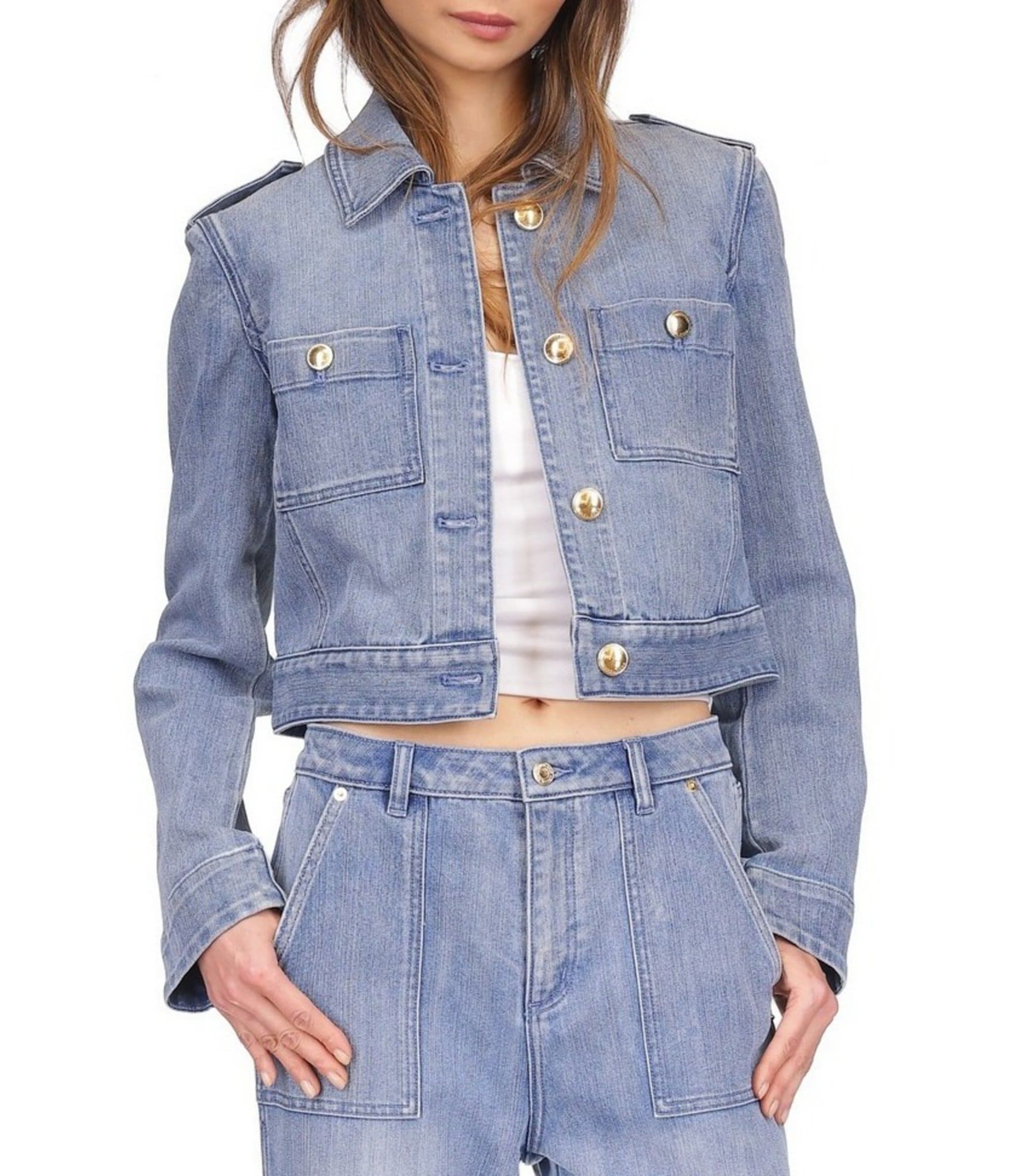 MICHAEL Michael Kors Point Collar Long Sleeve Cropped Denim