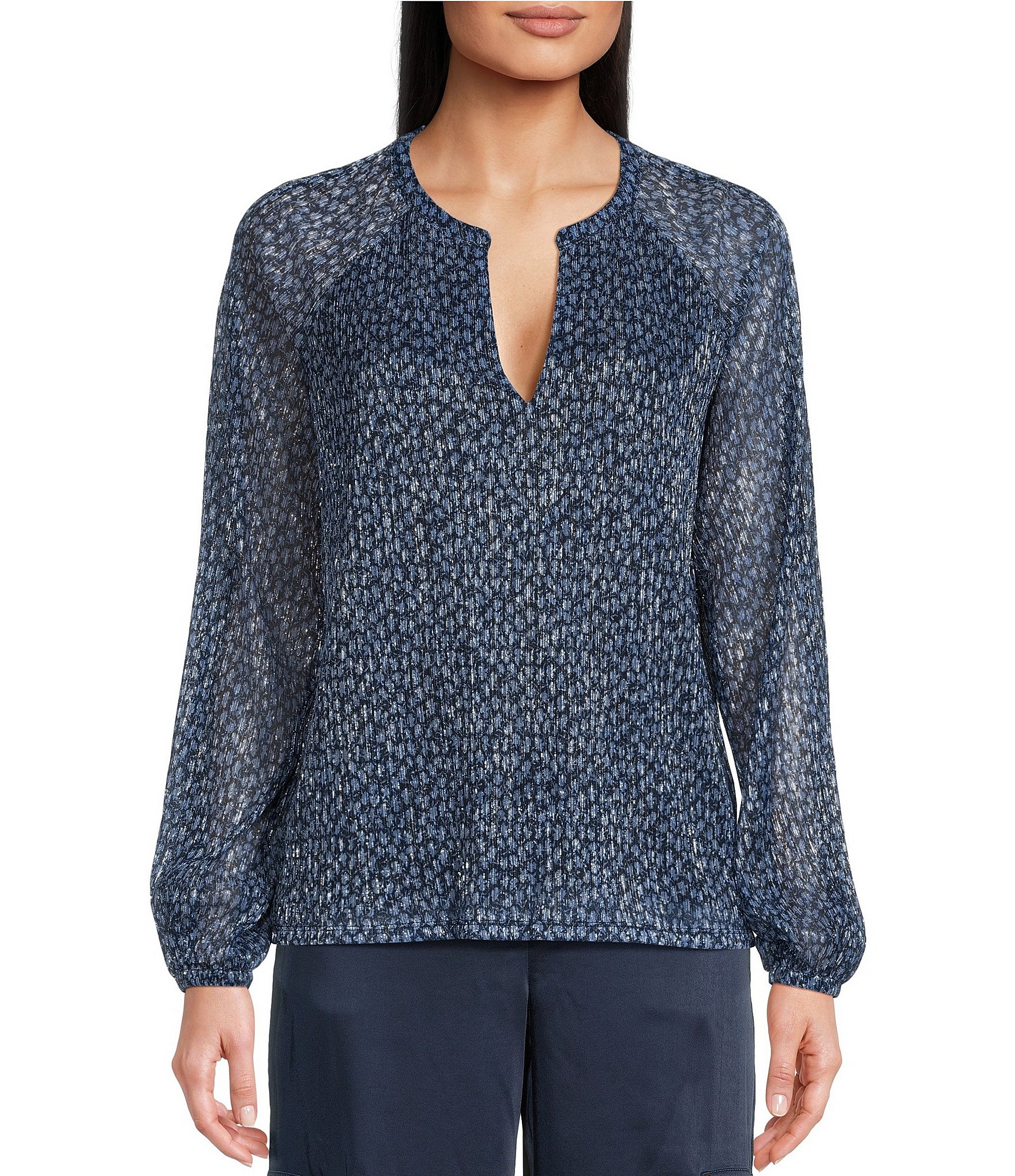 MICHAEL Michael Kors Printed Metallic Knit Split V-Neck Long Sleeve Top ...