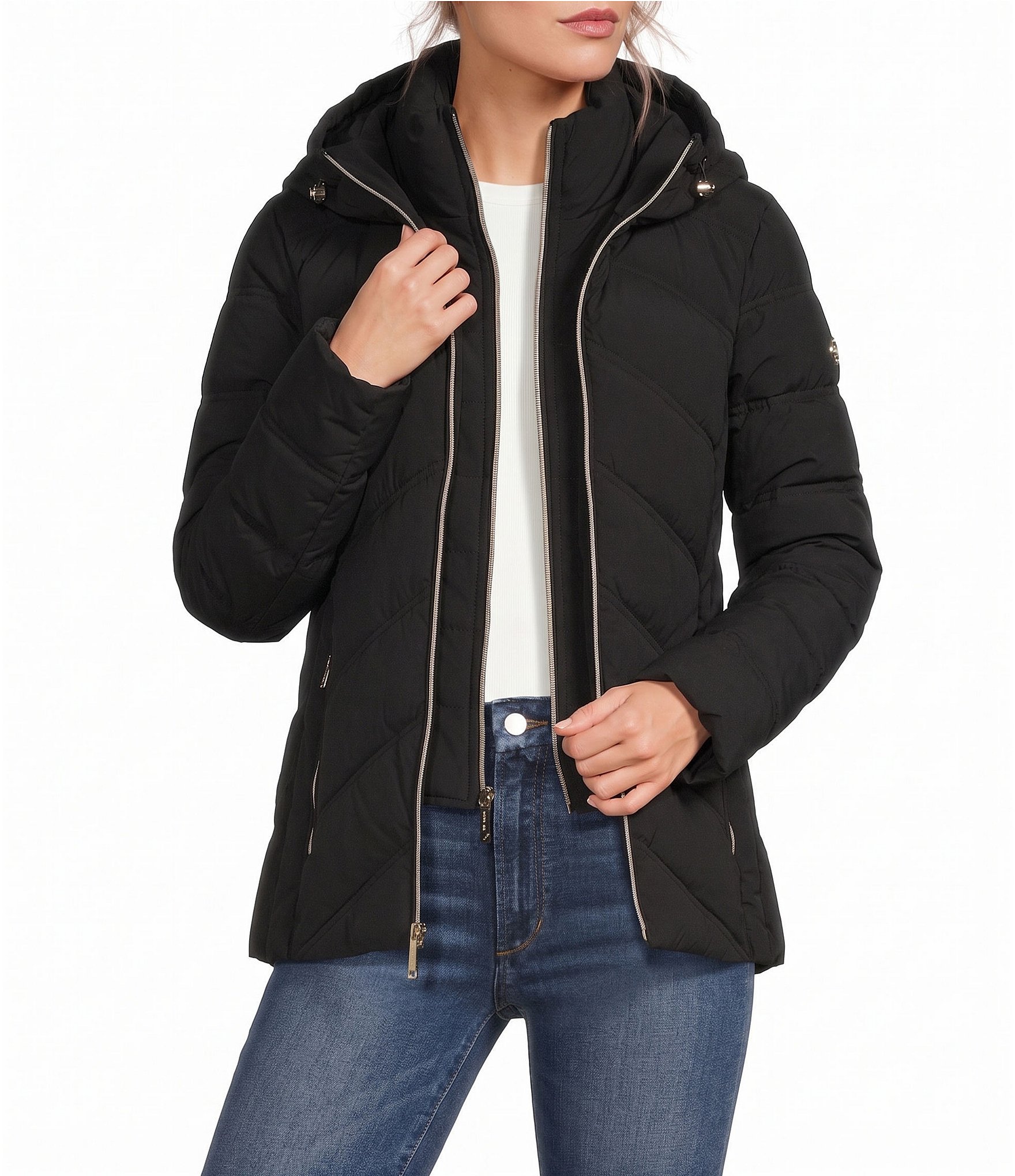 MICHAEL Michael Kors Quilted Stand Collar Hooded Packable Zip Front Puffer