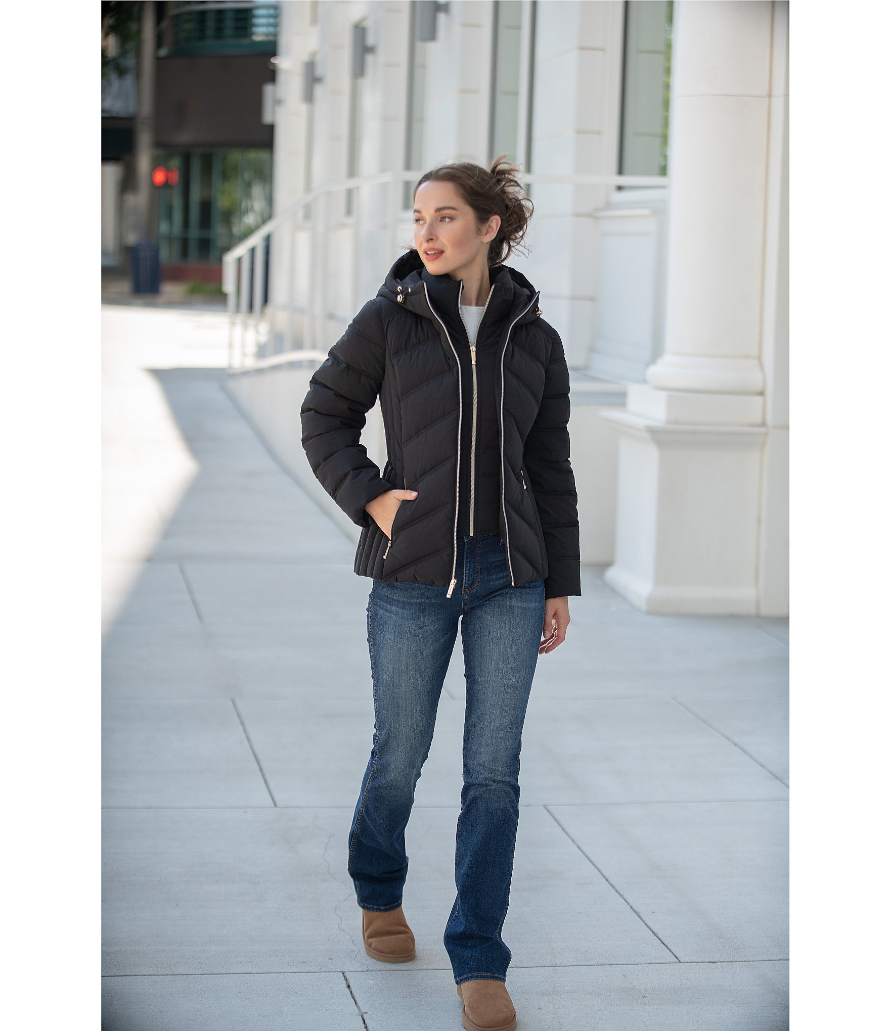 MICHAEL Michael Kors Quilted Stand Collar Hooded Packable Zip Front Puffer
