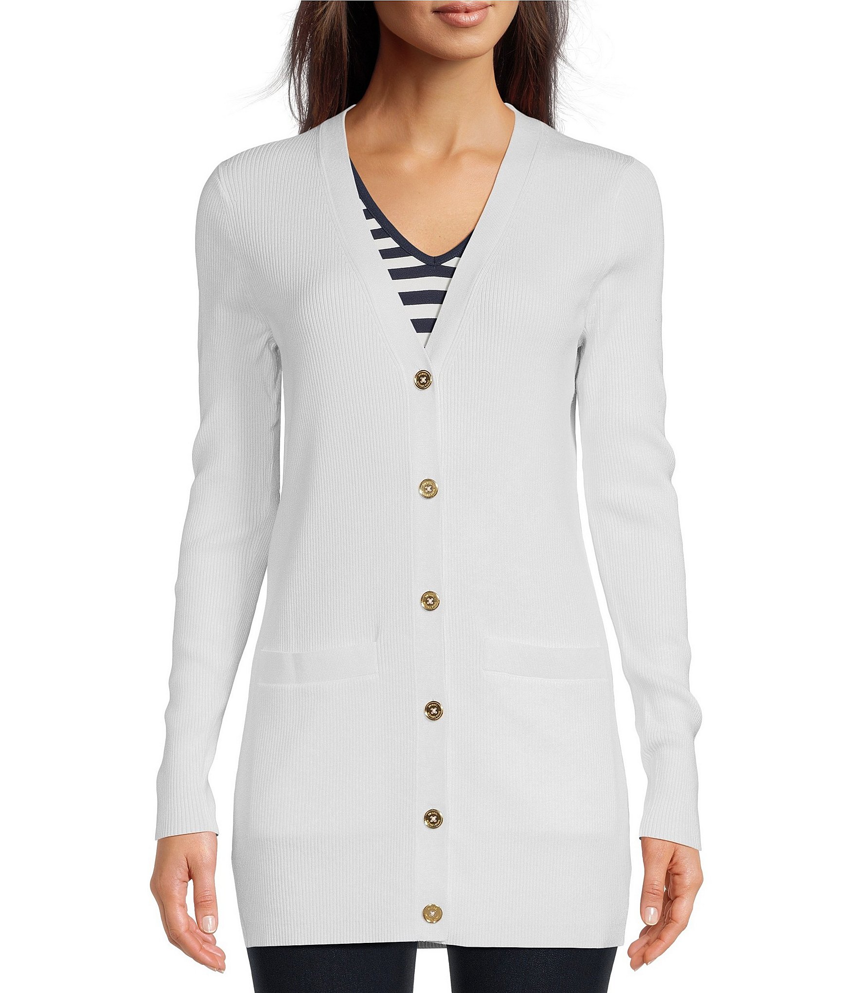 MICHAEL Michael Kors Ribbed Knit V-Neck Long Sleeve Fitted Button Front  Cardigan | Dillard's