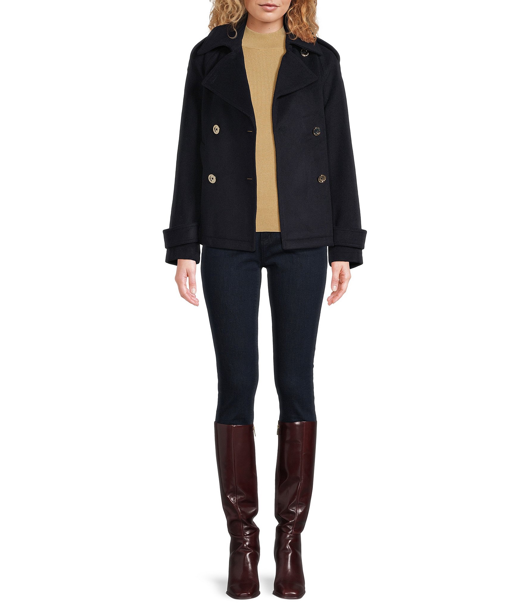 MICHAEL Michael Kors Wool Blend Notch Collar Button Front Double Breasted Peacoat