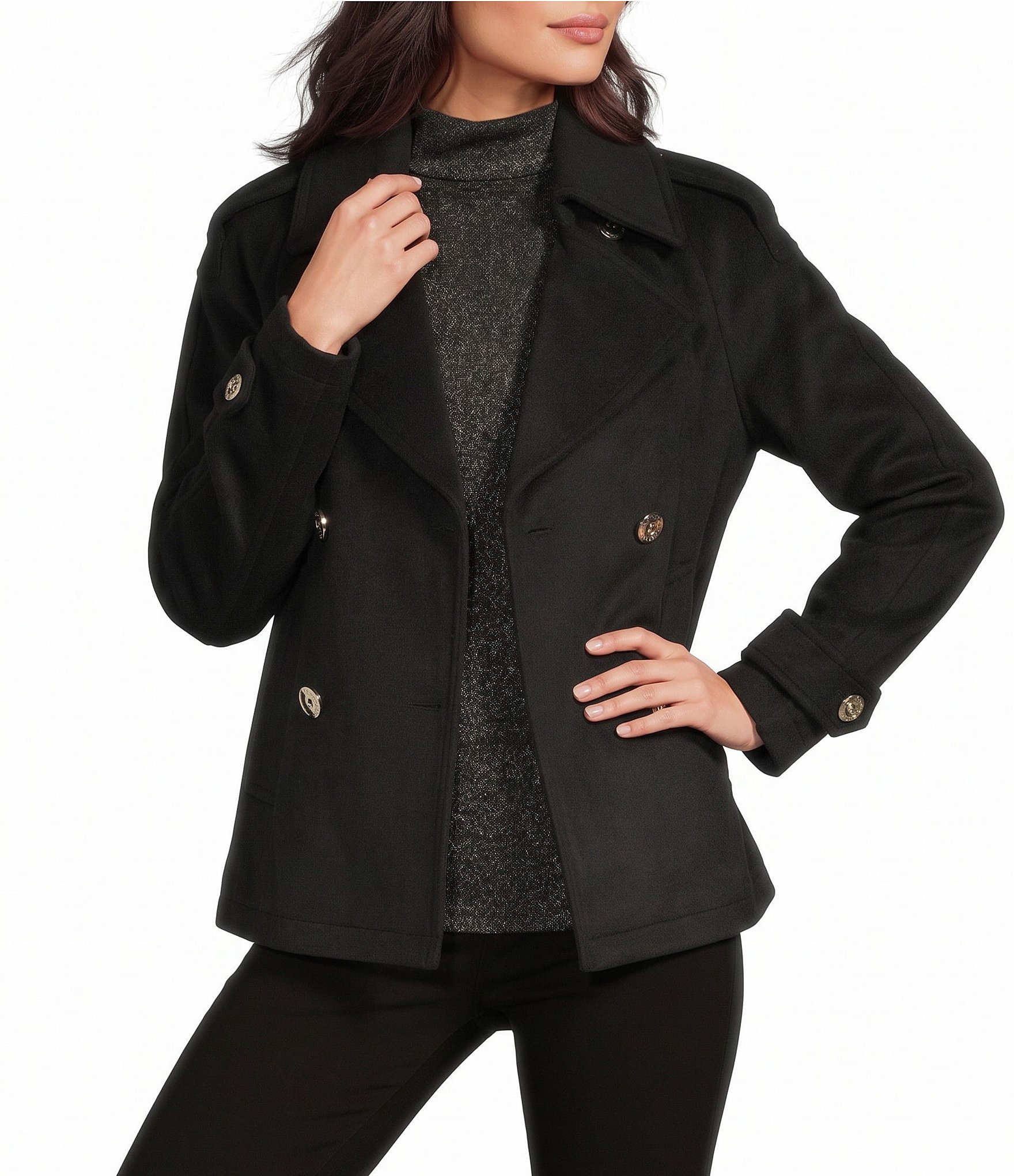 MICHAEL Michael Kors Wool Blend Notch Collar Button Front Double Breasted Peacoat