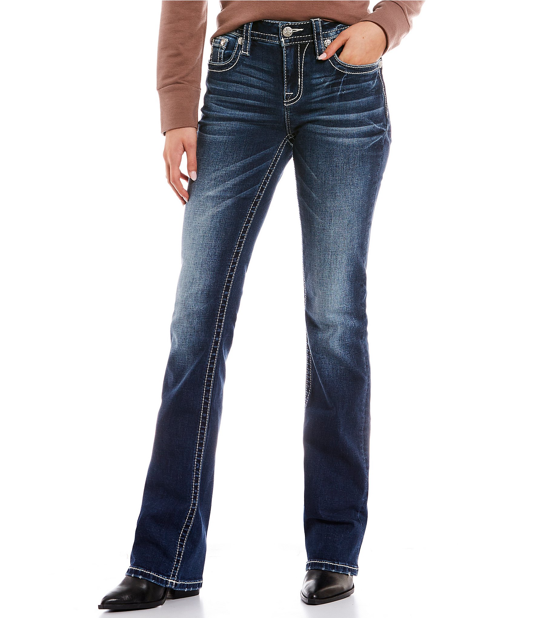 Mid Rise Embellished X Flap Pocket Bootcut Jeans | Dillard's